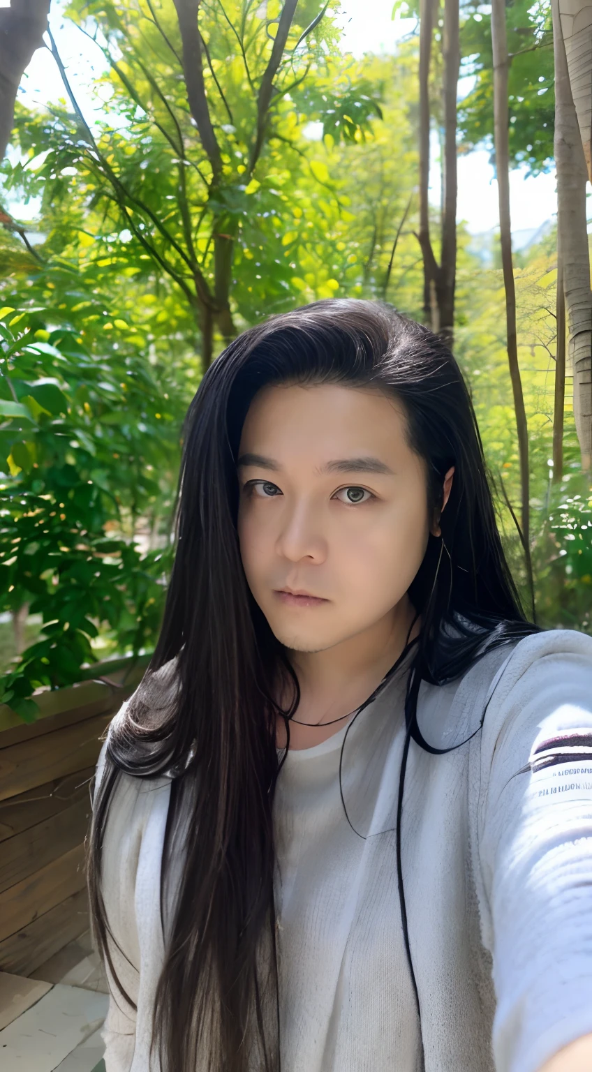 of a guy，long whitr hair，Black hair，Handsome，Deep eyes，full bodyesbian，Wear Hanfu，Black Hanfu，Black Buhan followed，Ancient wind，Contour light，The background is blurred out