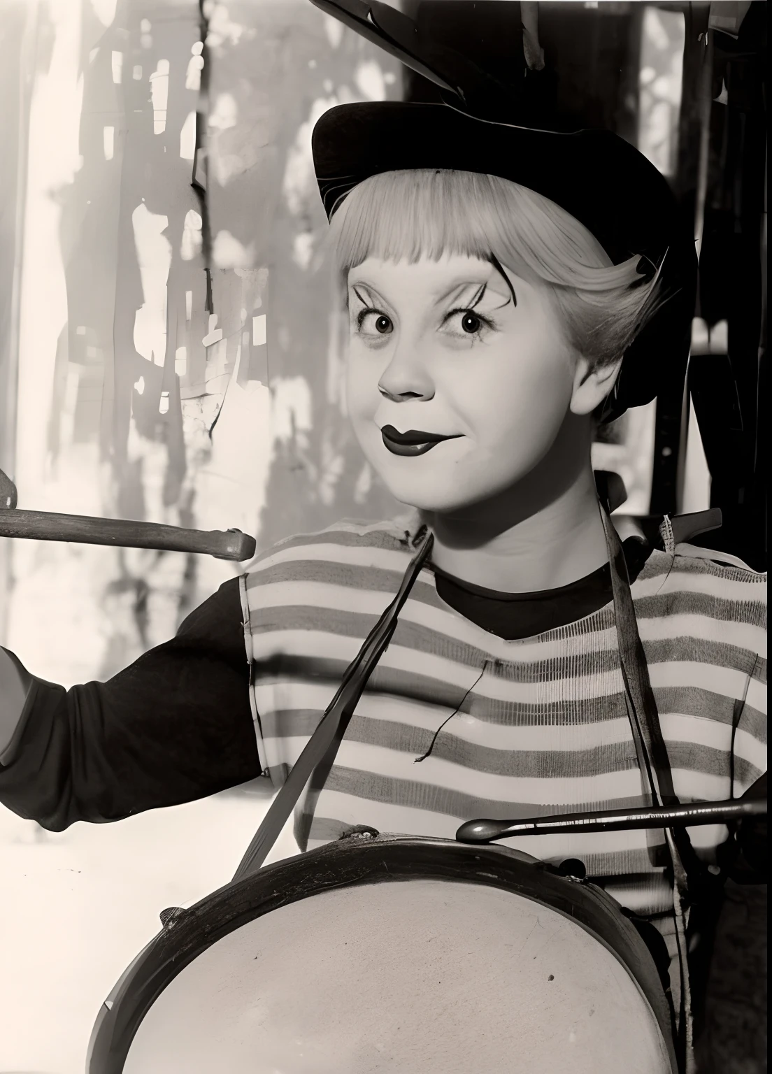 A  girl.black and white, striped shirt, Clown make-up, blonde woman. drum