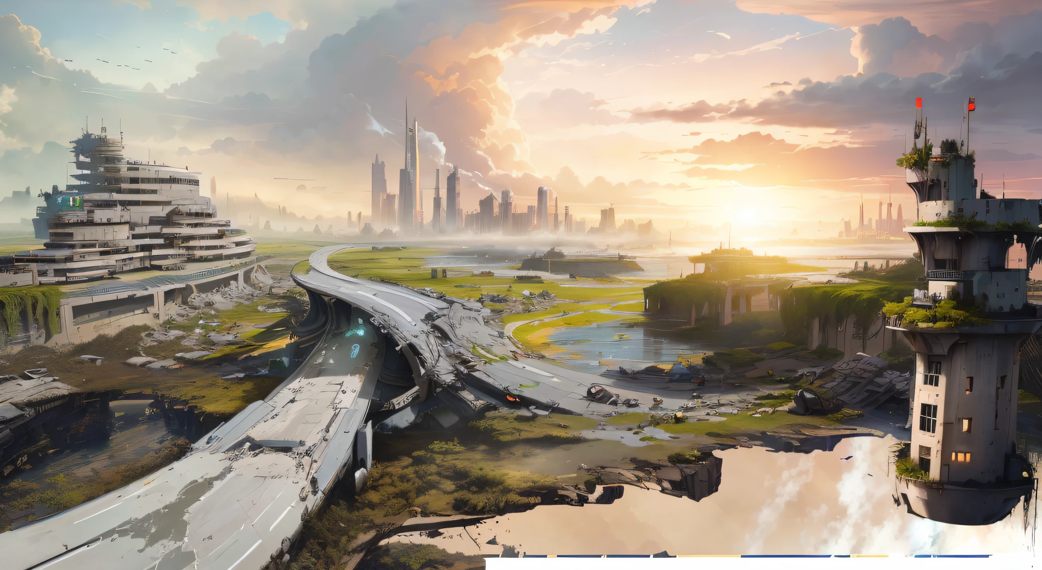 Draw a futuristic city with bridges and rivers, Dystopian digital concept art, outdoors ruined cityscape, environment concept art, matte painting comic book art, destroyed city in background, cityscape ruins in the distance, apocalyptic landscape, Ruined cityscape, post apocalyptic landscape, urban concept art, Dystopian landscape, future concept art, Concept art wallpaper 4K, apocalyptic future city
