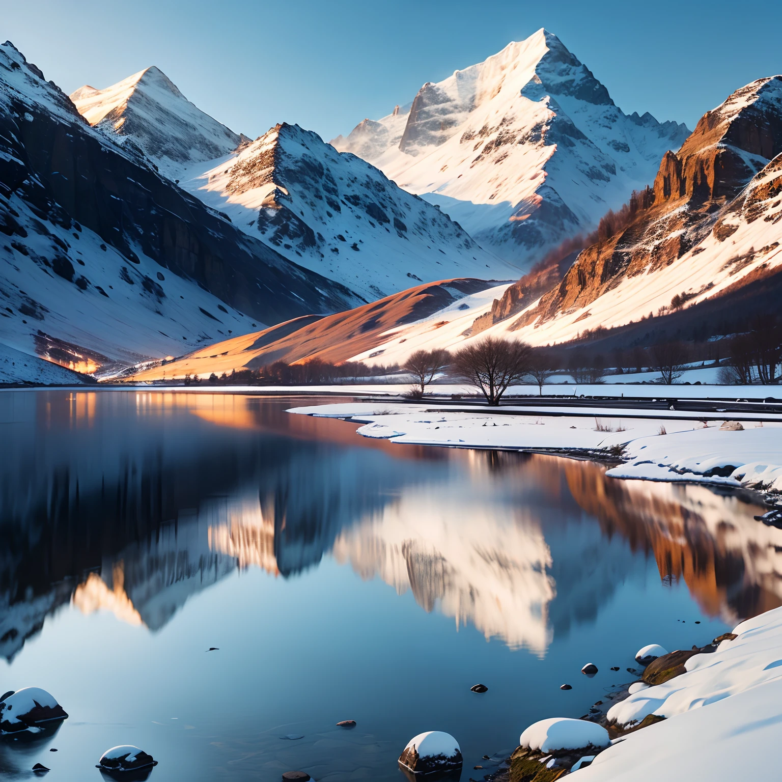 wastwater with snow capped mountains and foreground rocks covered in snow with morning sunlight and perfect reflections, ultra photo realistic