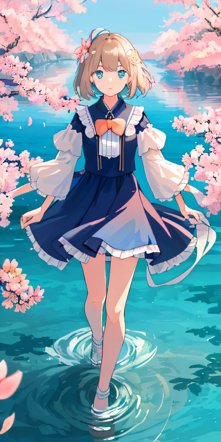 tmasterpiece，best qualtiy，（Very detailed CG unity 8K wallpaper）（best qualtiy），（Most Best Illustration），（Best shadow）Nature'，Blue water，Delicate leaves of various colors fall in the air，Peach blossoms fall，ultra-detailliert ，Elaborate Eyes，Mt. Fuji in the background --v6