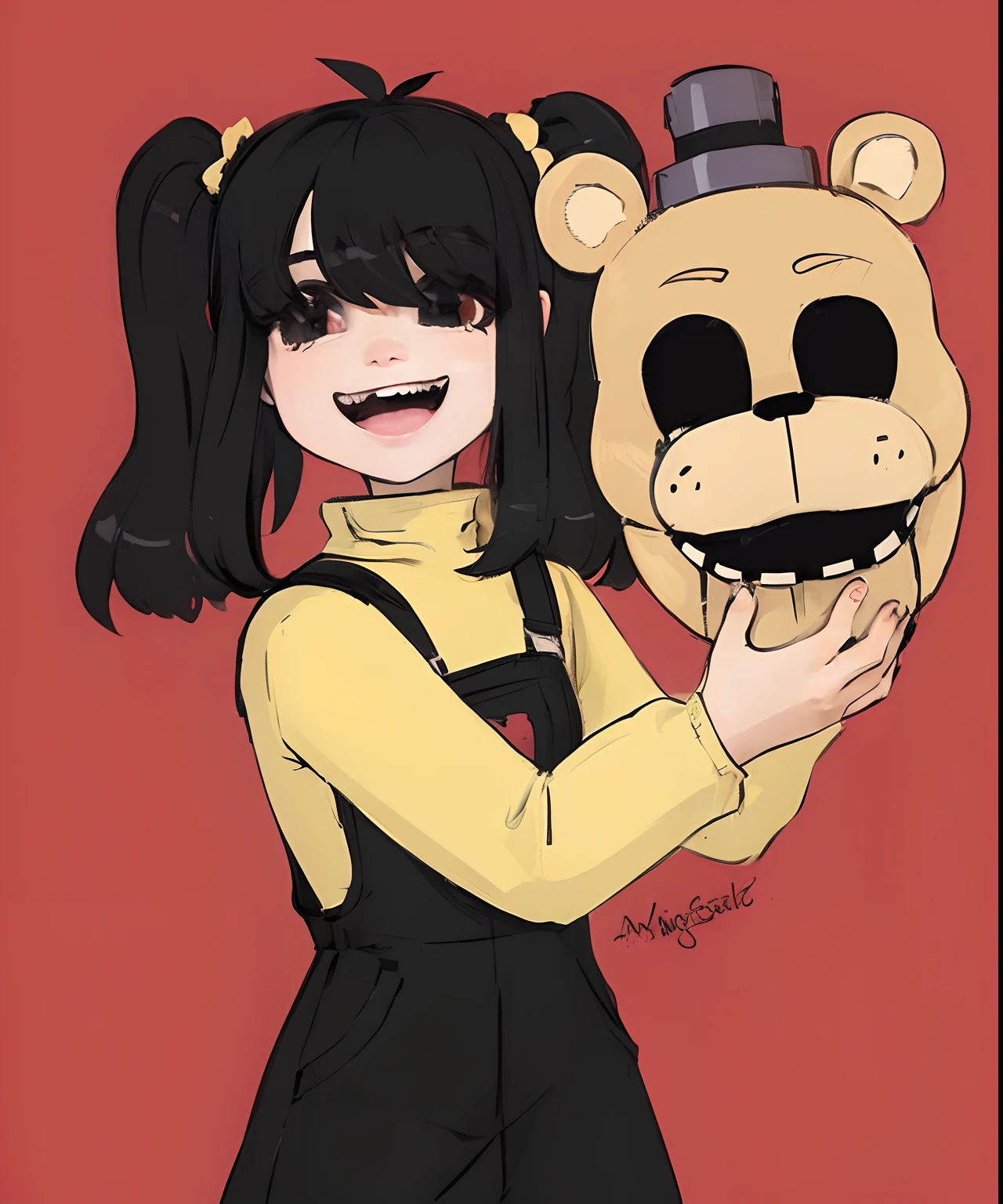 ((masterpiece)), ((1girl)), black hair, pig tail, black jumpsuit, long yellow sleeve inside, holding animareonic bear head