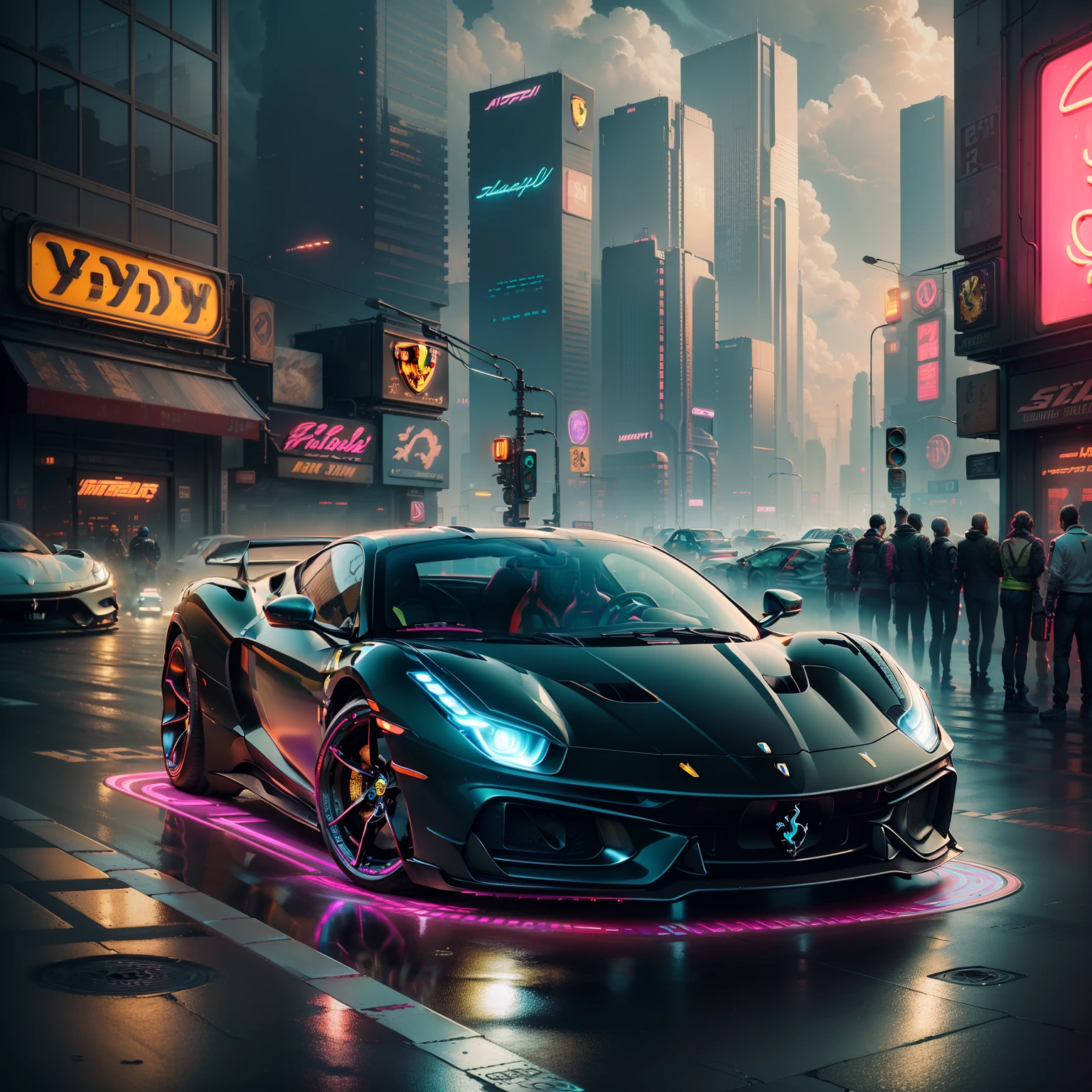 best quality, masterpiece, detailed background, highly detailed, intricate, cyberpunk city, road, cyberpunk, sunny, day, clouds, skyscraper, futuristic, science fiction, car focus, cool car, (cyberpunk car, futuristic car:1.2), (neon car, neon wheels, neon lights:1.4), (black ferrari:1.3), (red lights), (future car), (car front view:1.2)
