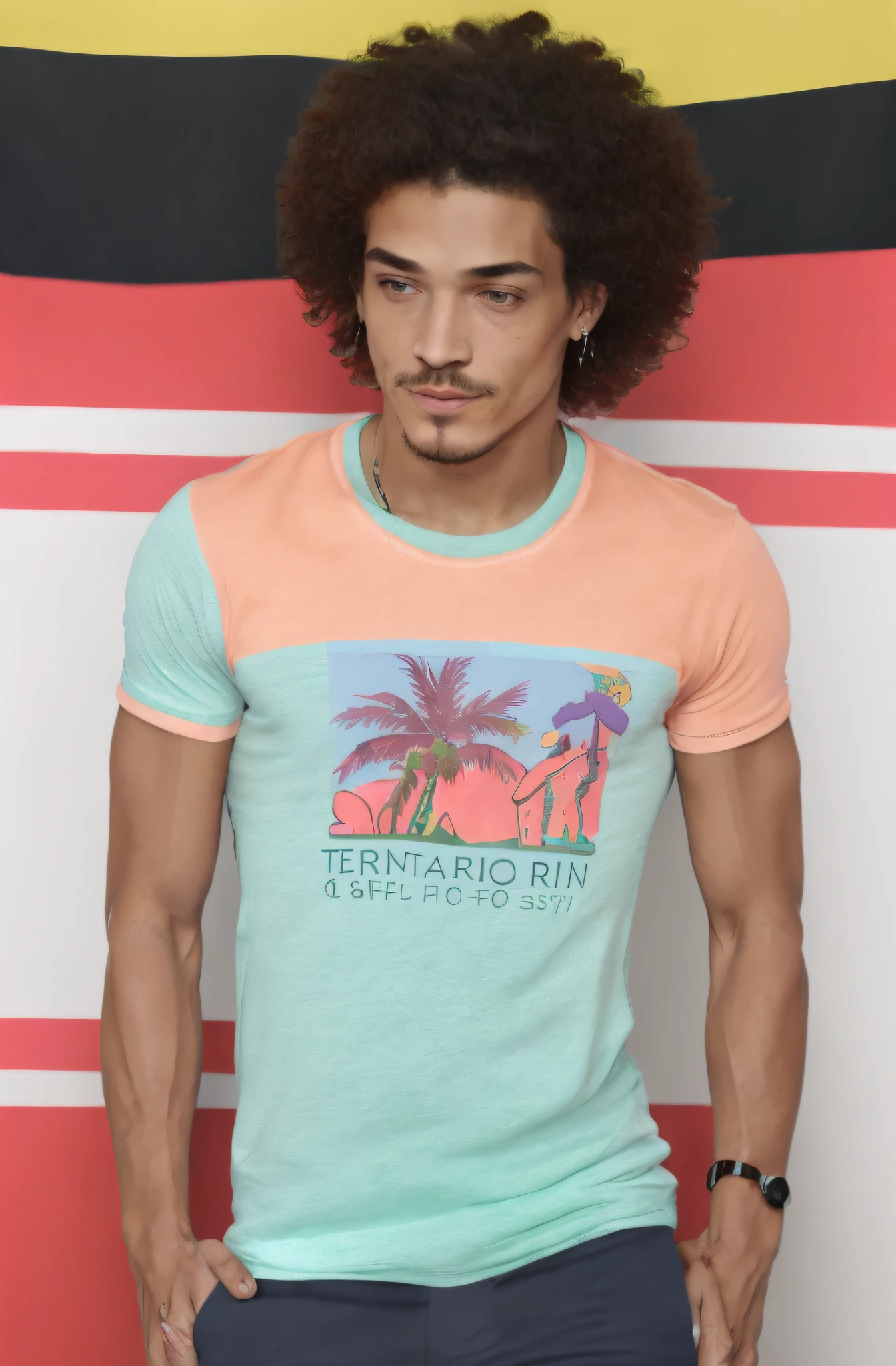 BaptisteMarci is captured in a candid moment backstage. His t-shirt named "tshirt" is the center of attention, illuminated by a lime glow. The ambiance is set by lavender, mint green, and coral hues, creating a harmonious blend.