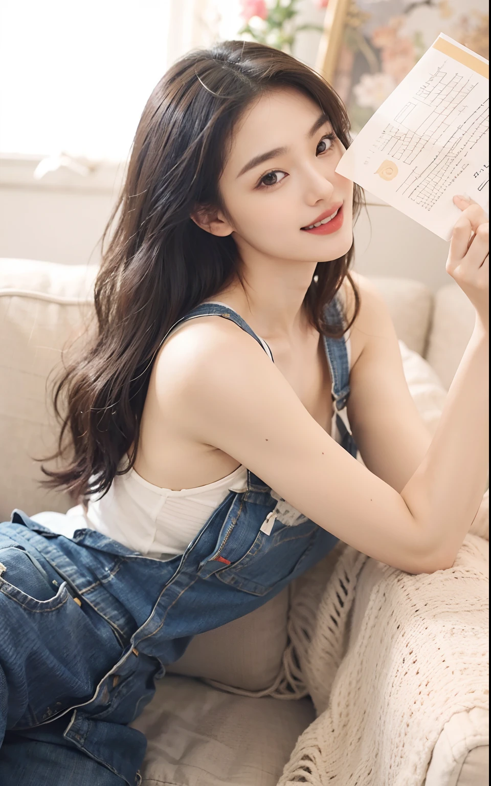 araffe woman in overalls sitting on a couch and reading a book, photo of slim girl model, gorgeous young korean woman, photo of slim girl, hot with shining sun, korean girl, beautiful south korean woman, sexy girl, beautiful young korean woman, beautiful asian girl, cute seductive smile, beautiful girl model, 2 4 year old female model, gorgeous chinese model, Best picture quality, masterpiece, ultra high resolution, 8k, cleavage, big , bust detail, hair detail, eye detail, sharp eyes, thin smile, professional lighting