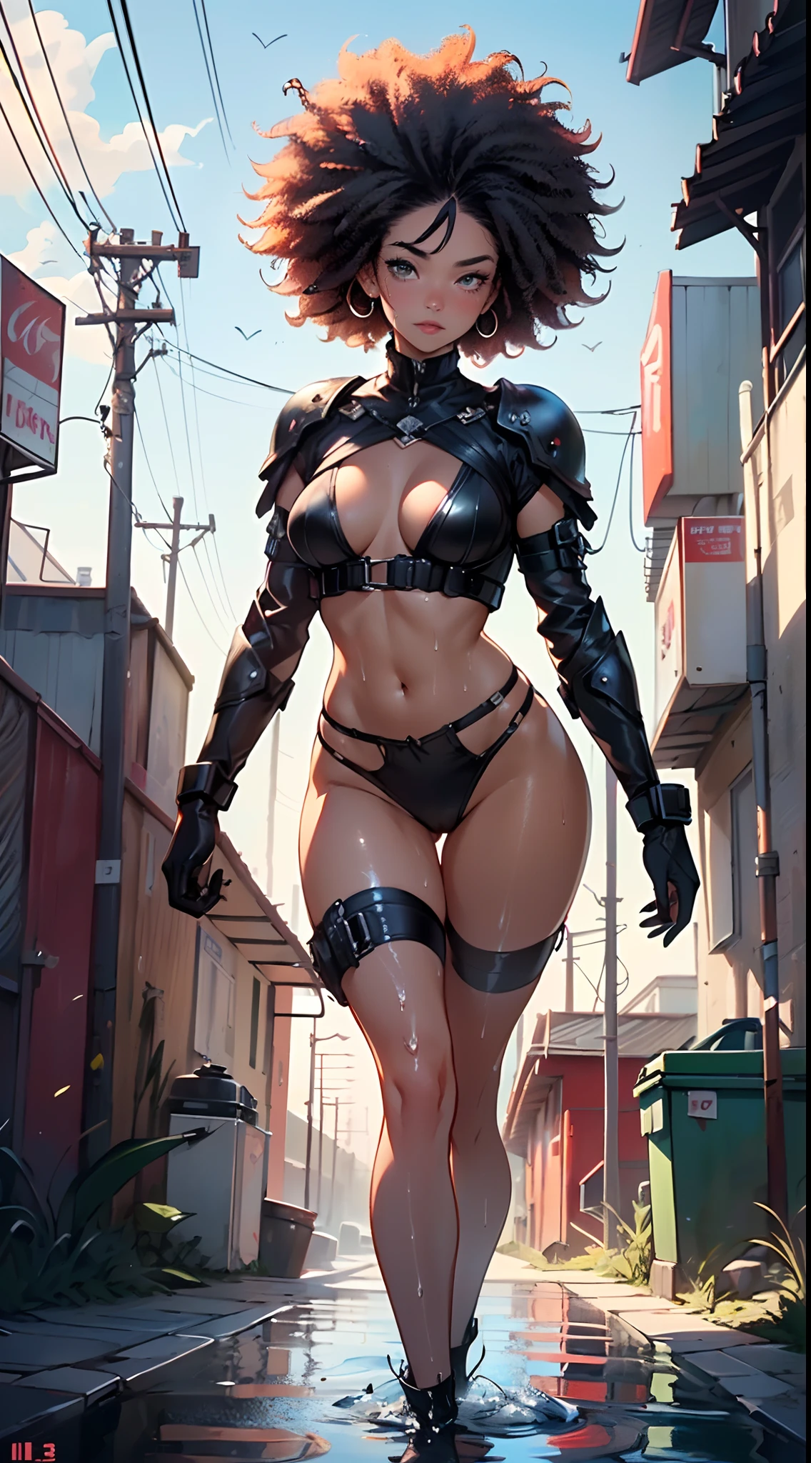 girl spacepunk,(((1girl))),((cute and beautiful afro haired girl)),((((black race)))),

(large breasts:1.4),saggy breasts,((((black afro hair:1.35,((afro hair:1.35)),afrohair,afro:1.35,dark hair,black hair,)))),medium hair, red:1.5,(((heterochromia:1.5,eye1 red,eye2 yellow))),intricate eyes,beautiful detailed eyes,symmetrical eyes,((fat)),((((tan,dark skin,black skin:1.35,dark-skinned_female,dark skin:1.3,ebony skin,lustrous skin:1.5,bright skin: 1.5,shiny skin,very shiny skin,shiny body,illuminated skin,wet legs)))),(spider lower abdomen,narrow waist,wide hip,athletic body,inflated legs,delicate detailed fingers),(((detailed face))),

cute,slutty,sensual,seductive look,seductive,erotic,enchanting,((nsfw)),

zettai ryouiki,revealing clothing,show skin,(wearing a mechanical space body armor:1.3,micro armor bikini,bare legs,an armored arm),(((wet clothes,intricate outfit,intricate clothes))),

(dynamic pose:1.0),solo focus,embarrassed,(centered,scale to fit dimensions,Rule of thirds),

cyberpunk city by the ocean at night, with bright neon signs and dark stormy clouds and puddles, scenery:1.25,

artistic photography,(photography taken by sldr),highres, sharp focus, (ultra detailed, extremely detailed), (photorealistic artwork:1.37),(extremely detailed CG unity 8k wallpaper),((synthwave background theme)),(((vibrant colors))),(intricate background),(masterpiece),(best quality),