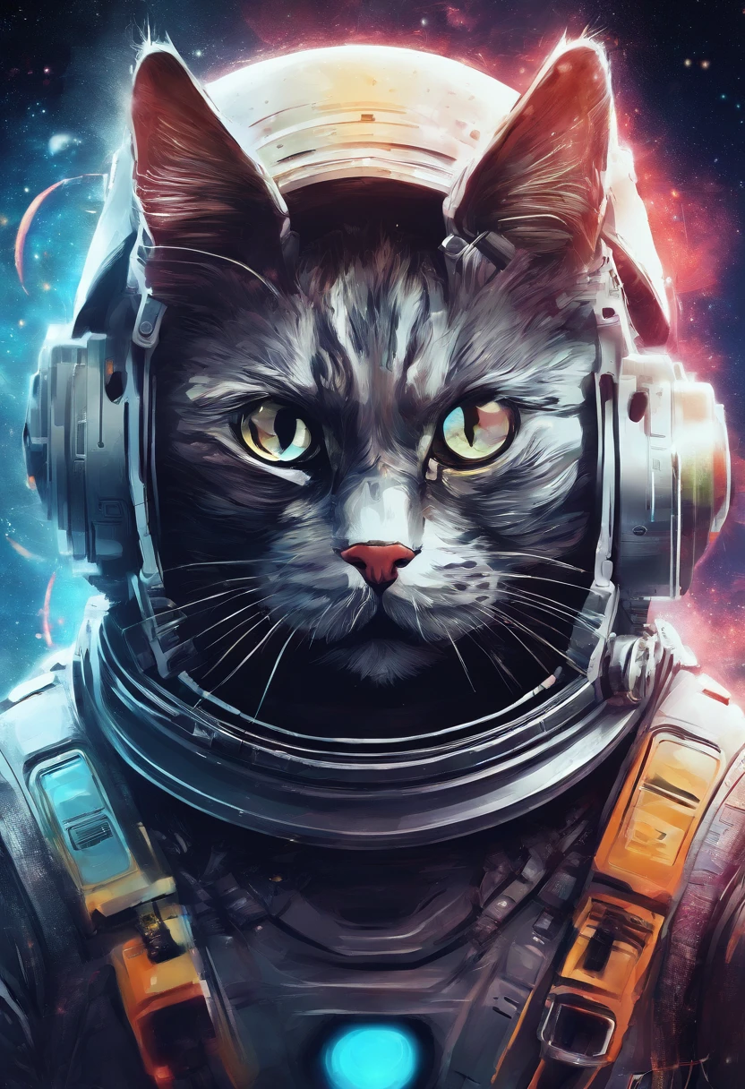 Galactic cat with a lot of hair on his head, terceiro olho, olhando para algo distante, detalhes intrincados, Electric, arte de fantasia, estilo cyber punk,olhos detalhados,olhos lindos, Anato Finnstark, emulsion painting, altamente detalhado, rutkowski enevoado, hdr, hiperdetalhado, luz de aro, desbotado, escurecer