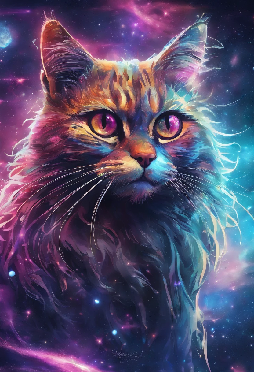 Galactic cat with a lot of hair on his head, terceiro olho, olhando para algo distante, detalhes intrincados, Electric, arte de fantasia, estilo cyber punk,olhos detalhados,olhos lindos, Anato Finnstark, emulsion painting, altamente detalhado, rutkowski enevoado, hdr, hiperdetalhado, luz de aro, desbotado, escurecer