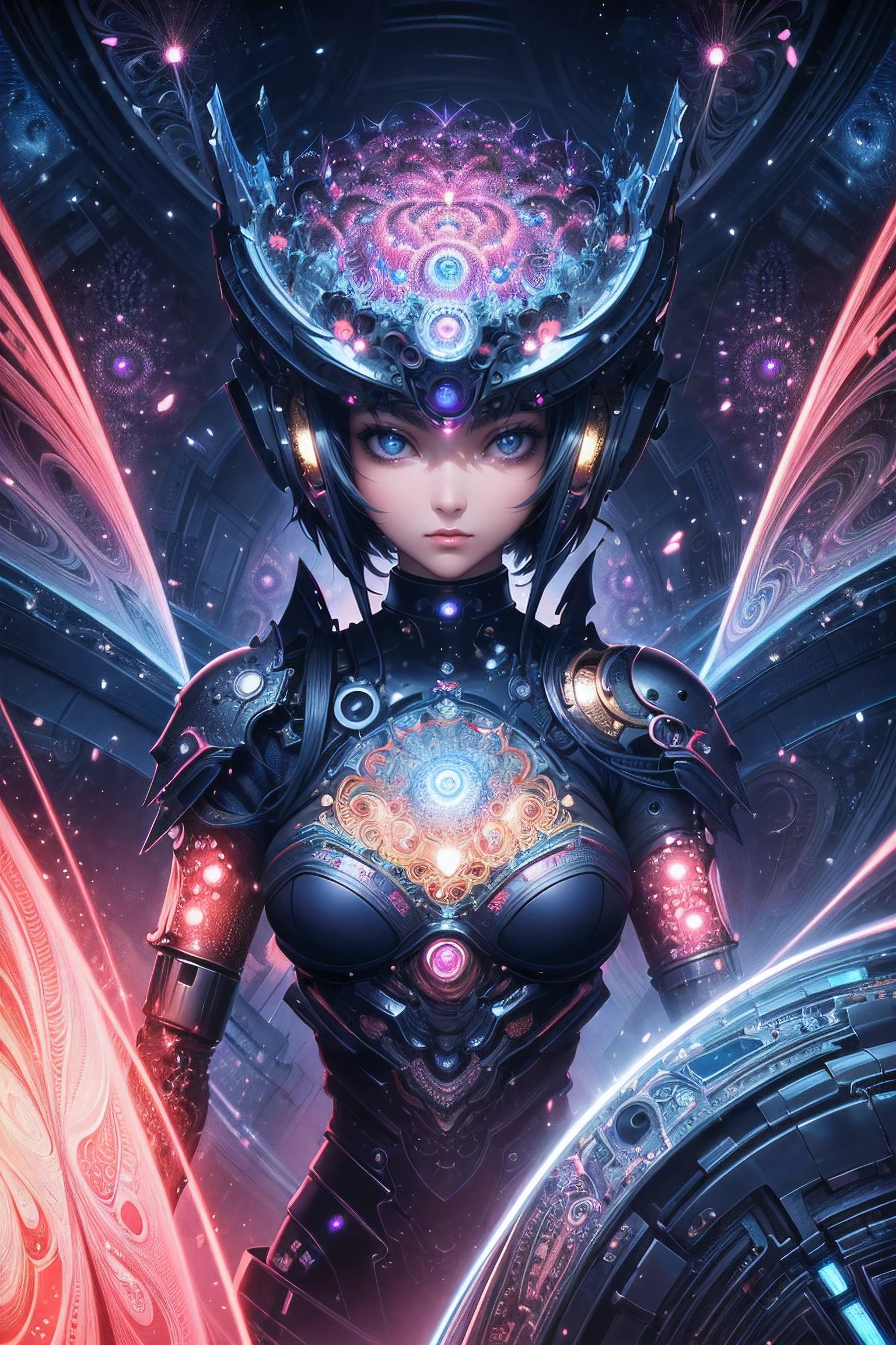 (masterpiece, top quality, best quality, official art, beautiful and aesthetic:1.2), (1girl), beautiful robot,extreme detailed,(fractal art:1.3),colorful,highest detailed..