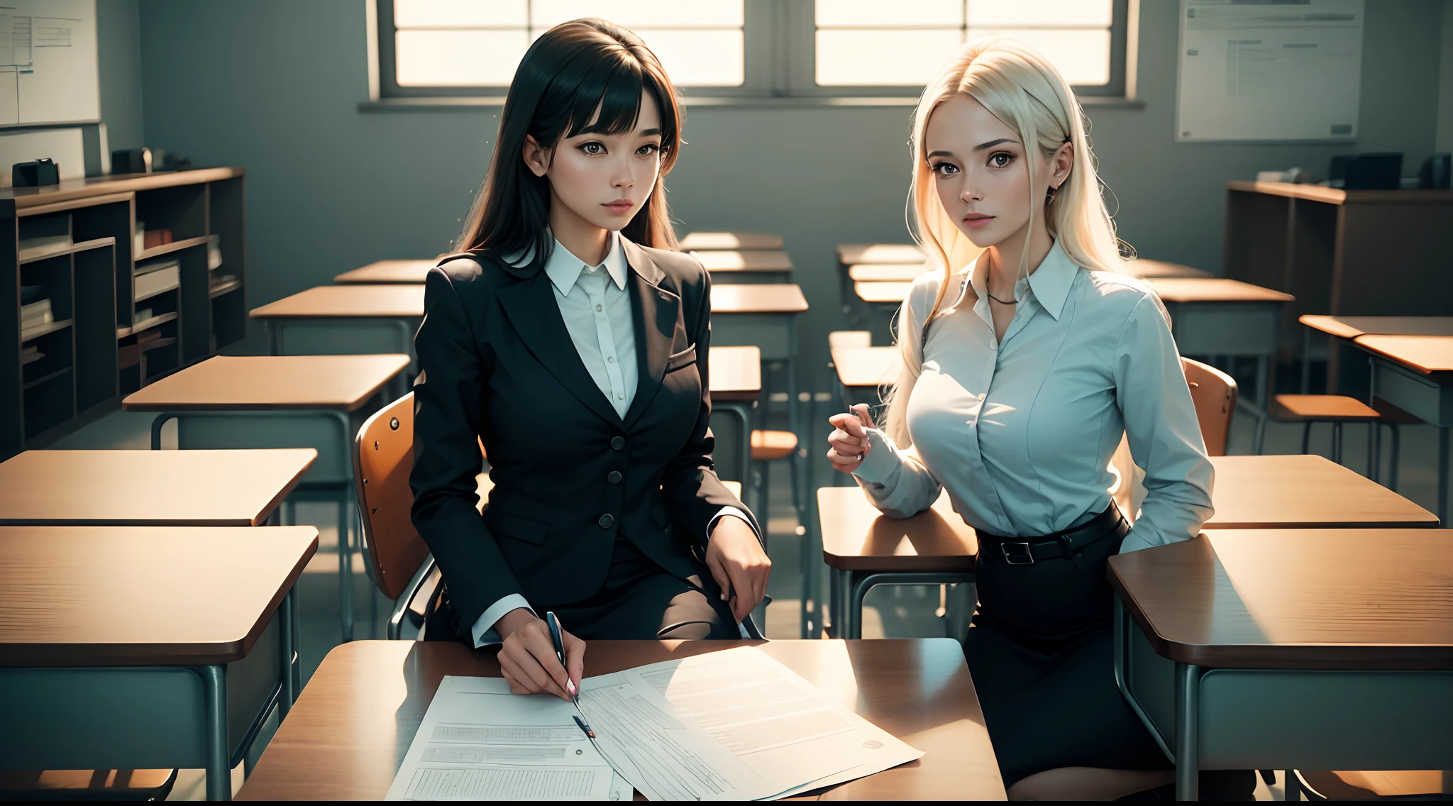 Blonde woman in latex posing in class with other students, cyber schoolgirl, hyper-realistic schoolgirl, hyper-realistic schoolgirl dressed in headmistress uniform, school class, private school, typical anime class, maxim Sukharev dressed as a schoolgirl, full object in frame, full object shown in photo, realistic schoolgirl, Galen Dara, sexuality, girls' open thighs, prickly, beautiful