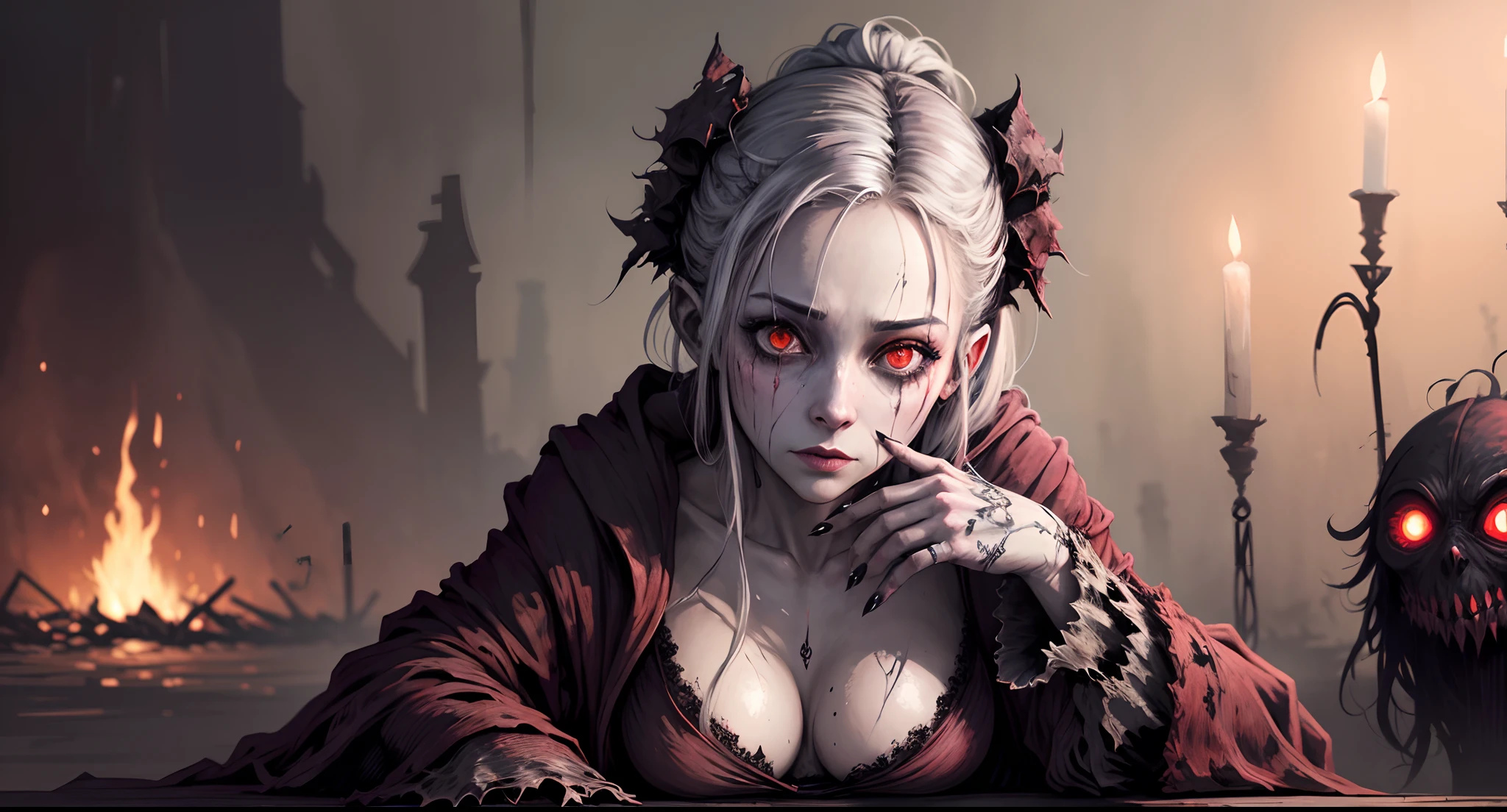 A very pal humanoid character, aux yeux rouges, Elle est folle, Noix, horreur, Elle est effrayante, Elle est effrayante, Valeur de choc, very diabolical, Elle est maigre, evoke, Peur, terreur, terreur, pourrir, disgust, elle est psychopathe, Sombre, Exceptionnellement mince, mince, Scraggly, emaciated, tordu, effrayant, Malade, Background ruins, Blanc long_robe, gore, sanglant_mains, seulement, corps entier, (messy_long_Sombre_cheveux), Bosseler, Mauvais yeux, les yeux brillants, fire in the background, (She wears a very dirty old torn_blanc_robe), psychopathe, Leaning on a sofa,