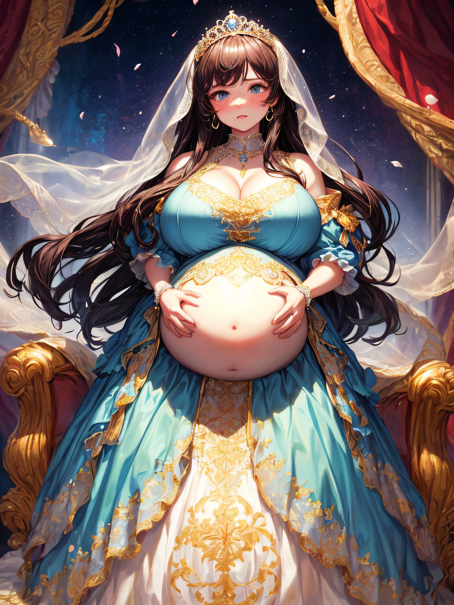 (masterpiece, best quality,extremely detailed:1.1),(moe anime art style:1.2),1girl,((full body,focus face)),((solo)), cute, kawaii,digital art,((1 bling-bling pregnant princess wearing beautiful embroidery and jeweled gorgeous rococo ballgown with jeweled voluminous full length hoop skirt)),(((heavily pregnant))),very big pregnant belly,((crinoline)),long train,voluminous frills,See-through,(gorgeous embroidery and beautiful lace),((very gigantic boobs,skindentation)),cleavage,shiny hair,(((very long hair,very long straight hair))),((embarrassed)),anguish,((finely detailed face and eyes)),clear pupil,extremely gorgeousfull hair ornament,(bling-bling jeweled extremely gorgeousfull tiara),(bling-bling gorgeous gemstone jewelry),long veil,(beautiful background),fantasy background,flowers,flower petals flowing,full body,((beautiful embroidery and jeweled ruffled gorgeous rococo ballgown with voluminous full length hoop skirt))
