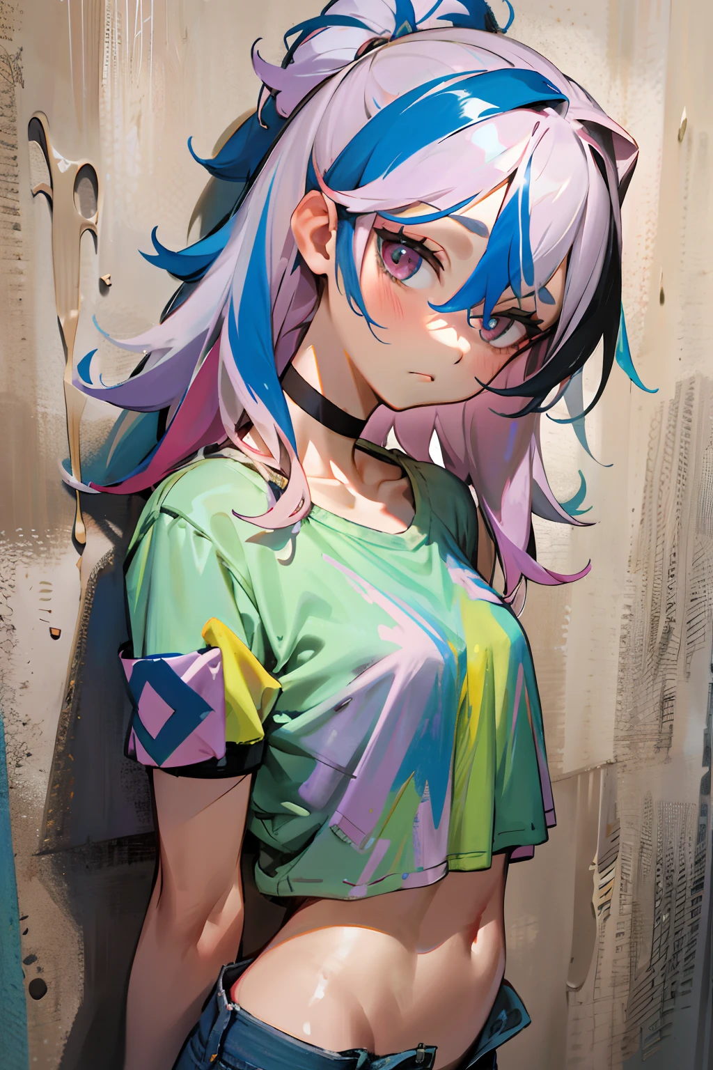 absurdres, best quality,1girl, solo, streaked hair, crop top, denim shorts, choker, (pastel color:1.5),  paint splatter, arms behind back, (slouching), leaning back, against wall, (leaning to the side:0.25), looking at viewer, armband, thigh strap, streaked hair, paint on body, upturned eyes, head down, head tilt, (from side:0.75), bored, (expressionless:0.75)