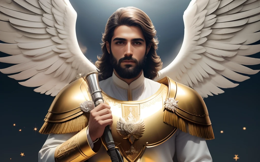 anjo masculino de deus, anjo masculino, The angel of God's army, Golden Army, Rosto detalhado, army, face sem defeito, Normal face, barba grande, barba judeu, tempestade, Towards the Heavens, celestial, divino, fotorrealista, renderizado, 4k, 8k, texturas detalhadas, sombras detalhadas, decente, cores detalhadas, anjo masculino de deus, Contraste realista, Texturas fotorrealistas, cores detalhadas, cores realistas, sombras detalhadas,