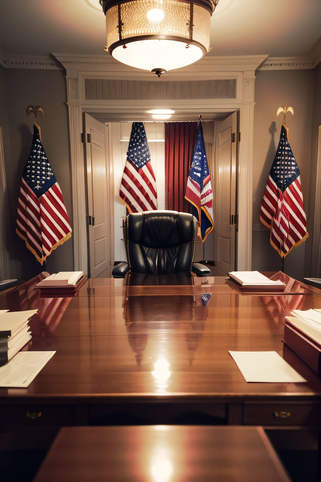 Empty United States presidential office, with a US flag in the background, ultra realistic, 8k,