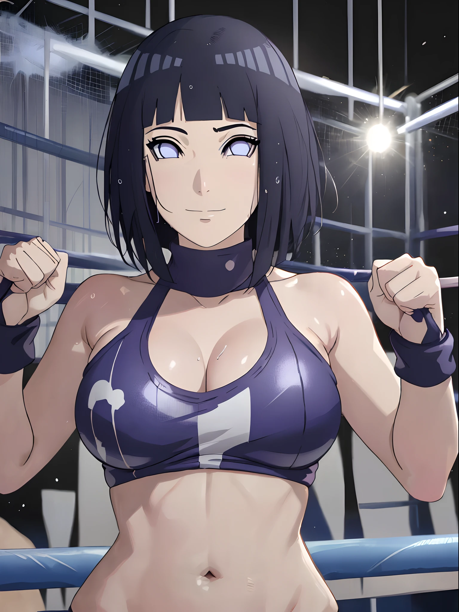 (ultra detailed body, ultra detailed face), poster, anime style, hires ((pro wrestling arena, pro wrestling match)), (hinata\(boruto\), (female wrestler), (slender body, sweating, tired), mature woman, milf, (tight bikini, ultra detailed pro wrestling gear), victorious, gorgeous, winner, kind face, smile, closed mouth, (pale skin, shiny skin, lighting and shadow), (dark blue hair color:1.1), wavy hair, ((short hair, hime cut), big breasts, (only one arm stretching), long belly, closed fists, seductive, (perfect eyes, white sciera, bright eyes, white eyes, anime eyes, eyeshadow, looking at the viewer)