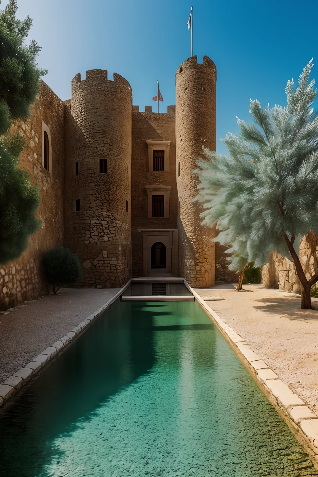 Kolossi castle in Cyprus, photorealistic, soft pastel colours, tranquility, intricate, water abstract, path tracing, illustration, insanely detailed, shadow mapping volumetric light, dramatic lighting, award winning photography