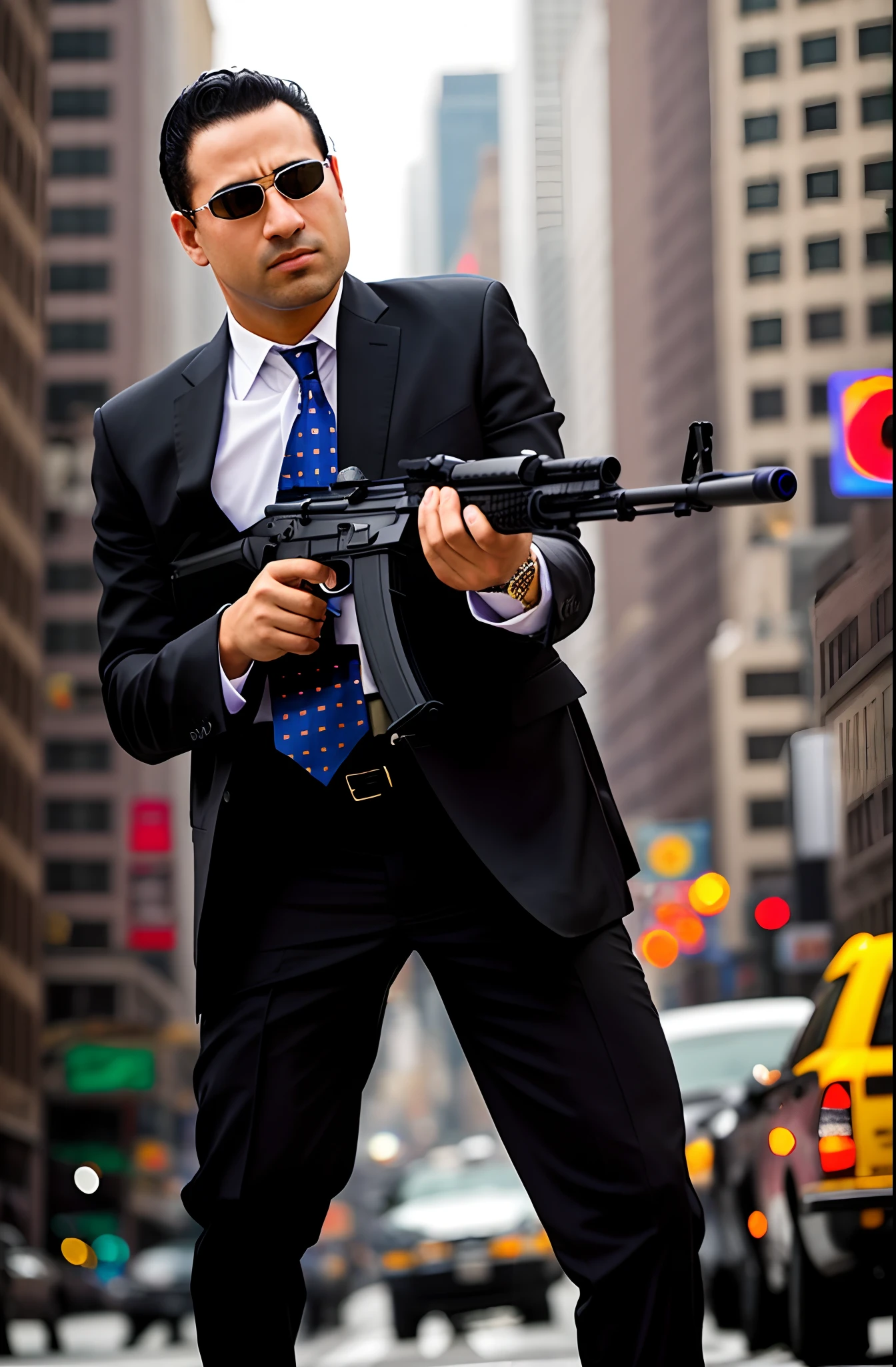 arafed man in a suit and tie holding a gun, man is carrying a rifle, with rifle in hands, dramatic wielding gun pose, holding rifle, holding gun, grabbing a rifle, with rifle, in an action pose, wielding assault rifle, carrying a gun, holding a rifle, aggressive pose, man with a gun, holding a gun, carrying a rifle, New York City, street, day, danger atmosphere