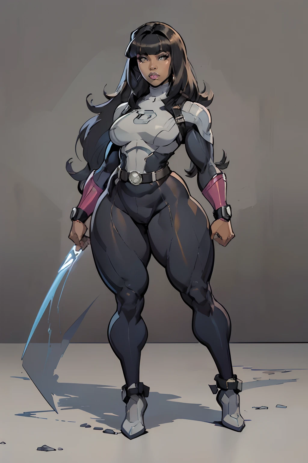 (masterpiece), (best quality), ((Nicki Minaj)), makeup, (brown skinned female), (thick thighs), ((small breasts:1:1)), hair with bangs, ((storm from x-men outfit)), ((grey background)), (full body) contoured