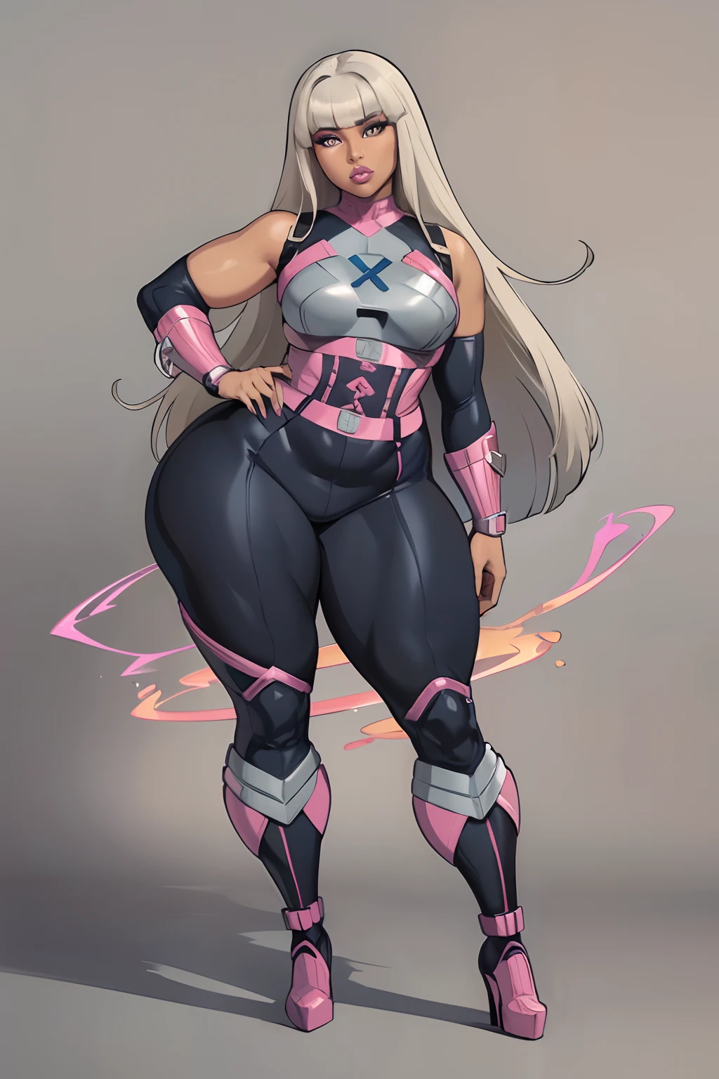 (masterpiece), (best quality), ((Nicki Minaj)), makeup, (brown skinned female), (thick thighs), ((small breasts:1:1)), ((wide waist)), hair with bangs, ((storm from x-men outfit)), ((grey background)), (full body) contoured