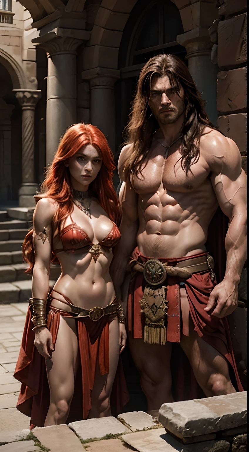 Couple standing, Conan the barbarian, robust, handsome, long straight nose, stubble, long hair, shirtless, sinewy muscles, and Red Sonja, beautiful, long red hair, large breasts, wearing a strapless bra and a sarong, standing in a castle, spear in hand, grim expressions, upper body