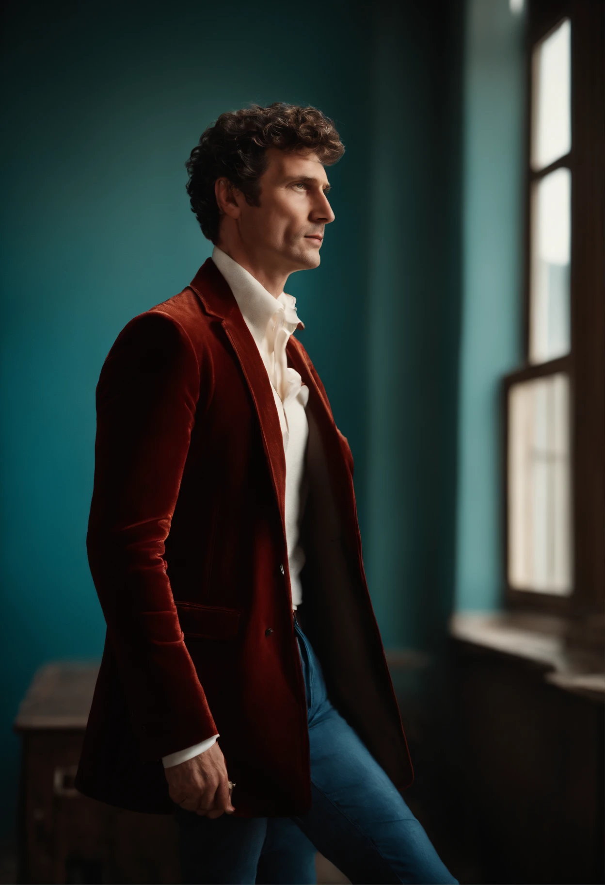 A handsom man in red, the style of patrick demarchelier. wearing a red velvet jacket and blue jeans , Tall and fit, (40 years old:1.1), (shaven:1.2), (short brown hair and a little curly:1.5),(very short hair:1.6). in the style of ethereal beauty, realistic blue skies, hasselblad 1600f, hyper-realistic portraiture, bold colors, dynamic lines, smooth and polished .