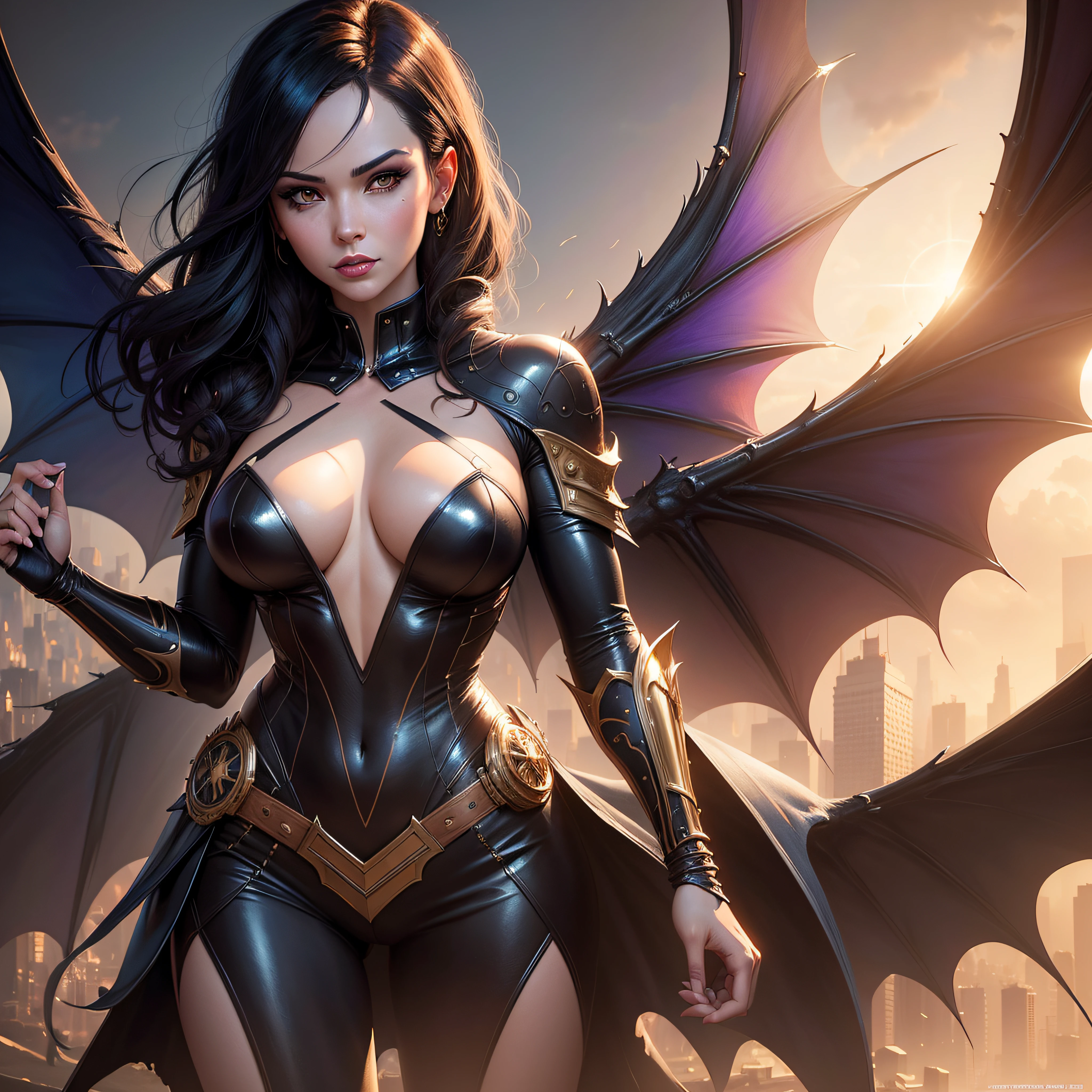there is a woman (Magen Fox :1.1) as Bat Girl beautiful angel ,she is looking at the joker DC Comics style a karol bak uhd, artgerm detailed, style Jaime Frias and artgerm, artgerm and wlop, 4k fantasy art, wlop and artgerm, artgerm julie bell beeple, fantasy style art