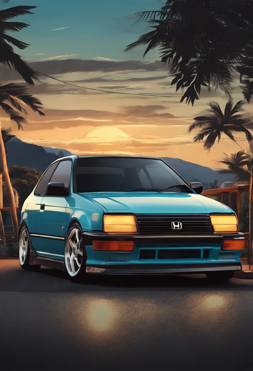 Vista de cima para baixo de uma obra de arte vintage do honda civic modelo 2005, estilo anime nos anos 90, arte detalhada do anime, Arte de anime vintage dos anos 90, Detailed representation of traditional anime shading Honda Civic model 2005, Art with retro vibe, nostalgia, dynamic lighting, Clean and crisp details, arte com senso de movimento, Alto contraste, bold and lively composition