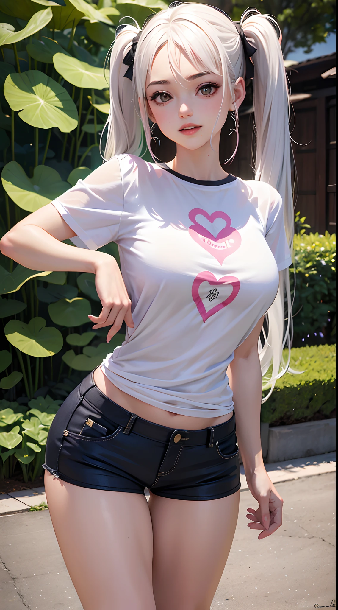 1girl, anime girl, anime, (dark skin), 2d girl, 18y, (fullbody), standing, anime girl, pensive, (silver hair), ((large white shirt with a red heart printed on it)), Solo, Slim, large breasts, big , big Breasts, Tight Shorts, low waist shorts, upshorts, skyscrapers background, modern city, looking at viewer, darker shadows, (((Wedgie))), (((explicit))), (((shorts))), (((absurdres))), (((thigh gap))), (((cameltoe))), (((cleft of venus))), (((lowleg shorts))), (((innie pussy))), (((inniepussy))), (((innie_pussy)))