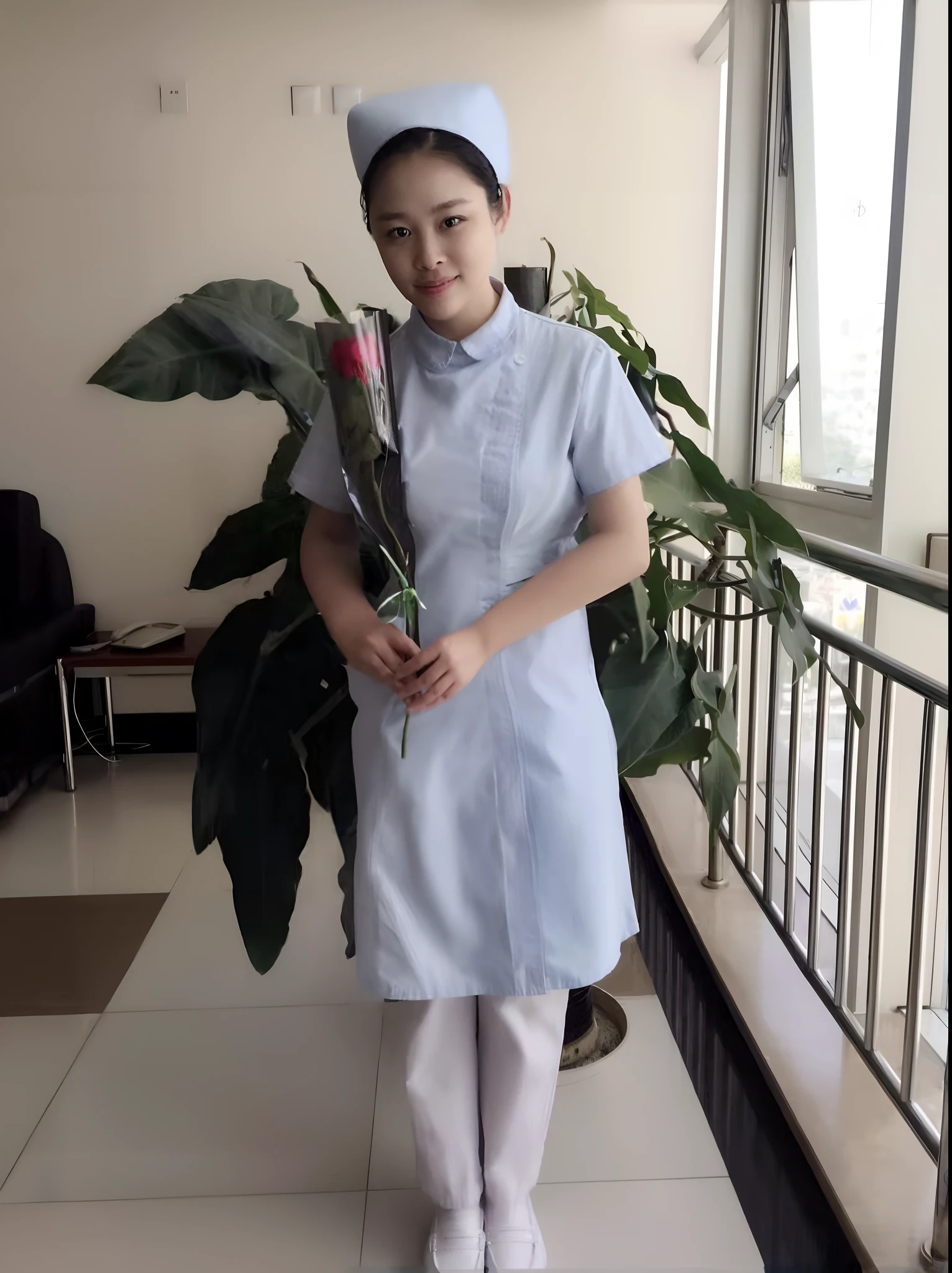 There was a woman in a nurse's uniform holding a rose, nurses uniform, nurse girl, Nurse, wearing maid uniform, nurse costume, girl in uniform, blue uniforms, Good morning, close - fitting nurse costume, nurse scrubs, healthcare worker, ( Waitress ) Coveralls, White overalls, ellegance