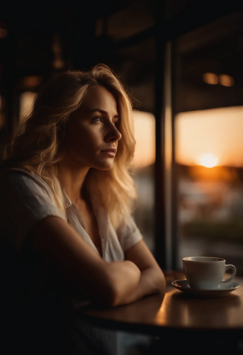 Blonde haired woman sitting next to the cafe window, sunset, facing the window, empty gaze, sad