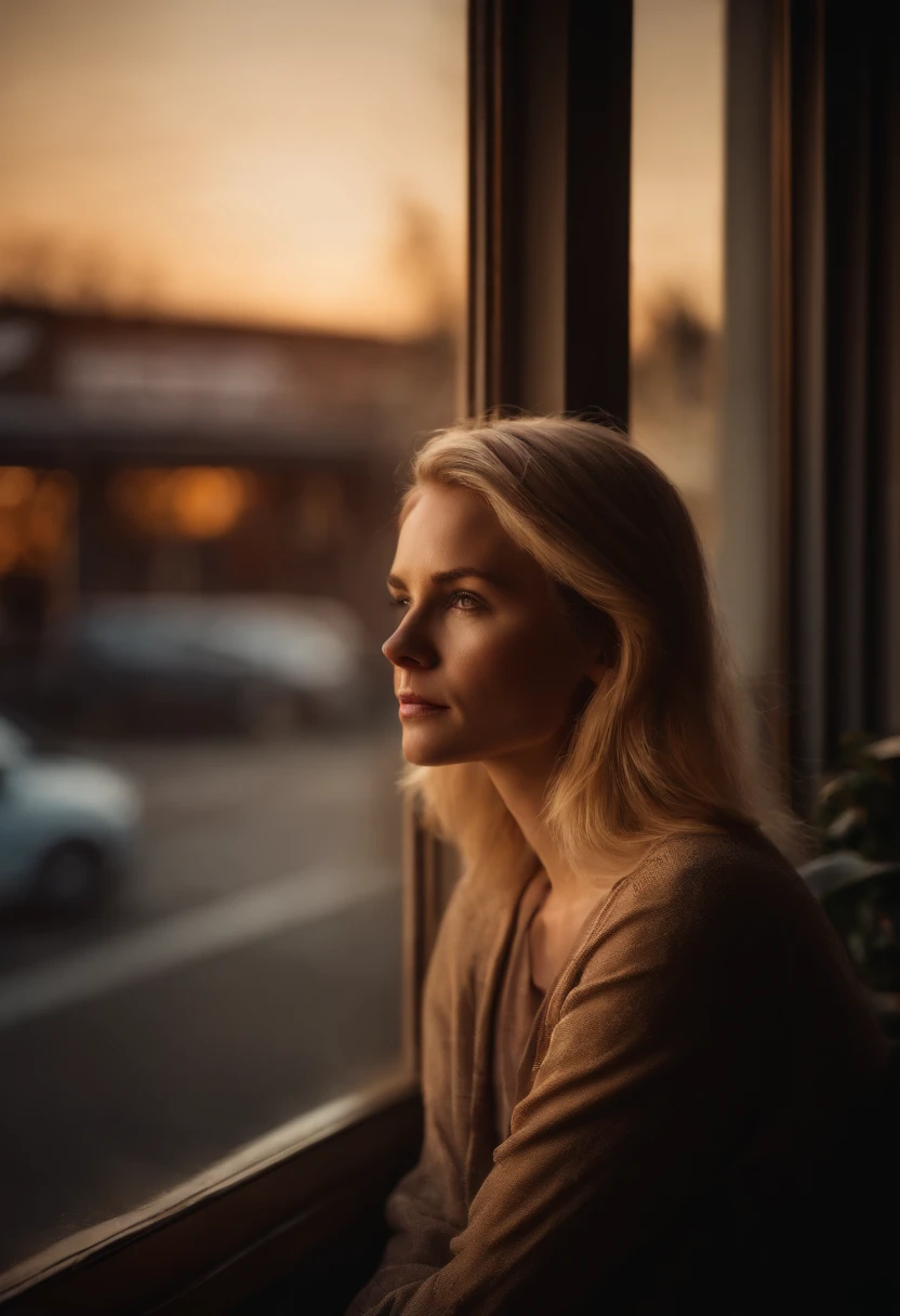 Blonde haired woman sitting next to the cafe window, sunset, facing the window, empty gaze, sad