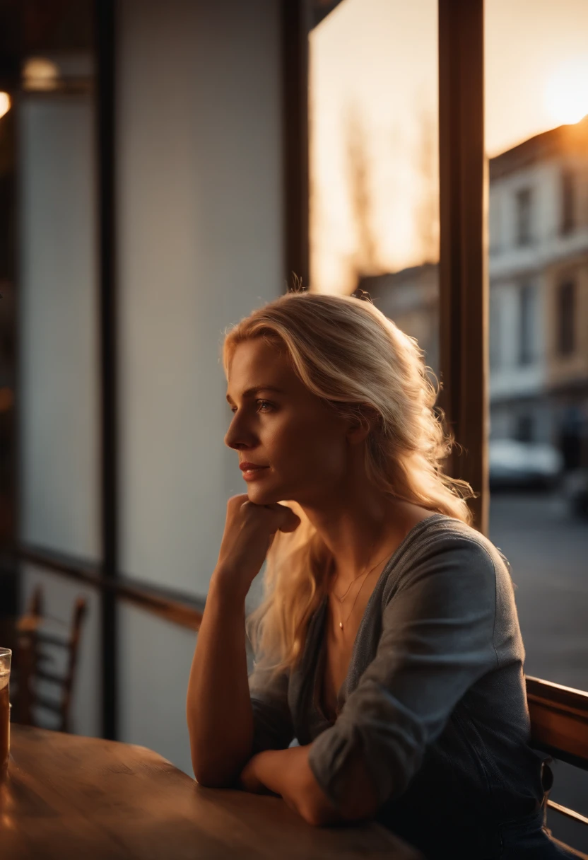 Blonde haired woman sitting next to the cafe window, sunset, facing the window, empty gaze, sad
