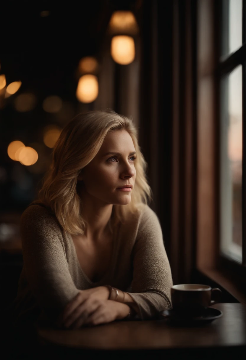 Blonde haired woman sitting next to the cafe window, sunset, facing the window, empty gaze, sad