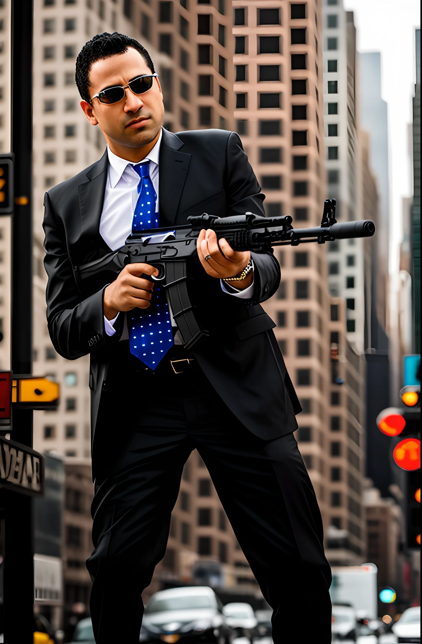 arafed man in a suit and tie holding a gun, man is carrying a rifle, with rifle in hands, dramatic wielding gun pose, holding rifle, holding gun, grabbing a rifle, with rifle, in an action pose, wielding assault rifle, carrying a gun, holding a rifle, aggressive pose, man with a gun, holding a gun, carrying a rifle, New York City, street, day, danger atmosphere