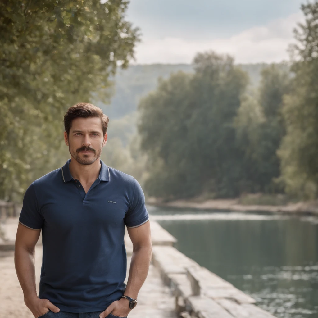 A white man with dark hair, neatly trimmed beard and mustache, wearing a gently-blue polo and jeans. He stands in a full-length pose, with ultra-detailed hands. The image is of best quality with 4k resolution, highres:1.2 enhancement, and a realistic aspect ratio of 1.37. The overall scene is characterized by its ultra-detailed elements, capturing the man's features with precision. The lighting in the image is set to be natural, enhancing the overall realism. This artwork is envisioned as a photograph with vivid colors, showcasing the essence of брутальность.