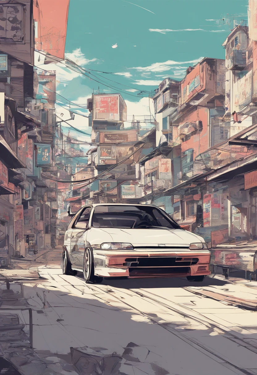 Vista de cima para baixo de uma obra de arte vintage do honda civic modelo 2005, estilo anime nos anos 90, arte detalhada do anime, Arte de anime vintage dos anos 90, Detailed representation of the traditional anime shading Honda Civic model 2005, Art with retro vibe, nostalgia, dynamic lighting, Clean and crisp details, arte com senso de movimento, Alto contraste, bold and lively composition