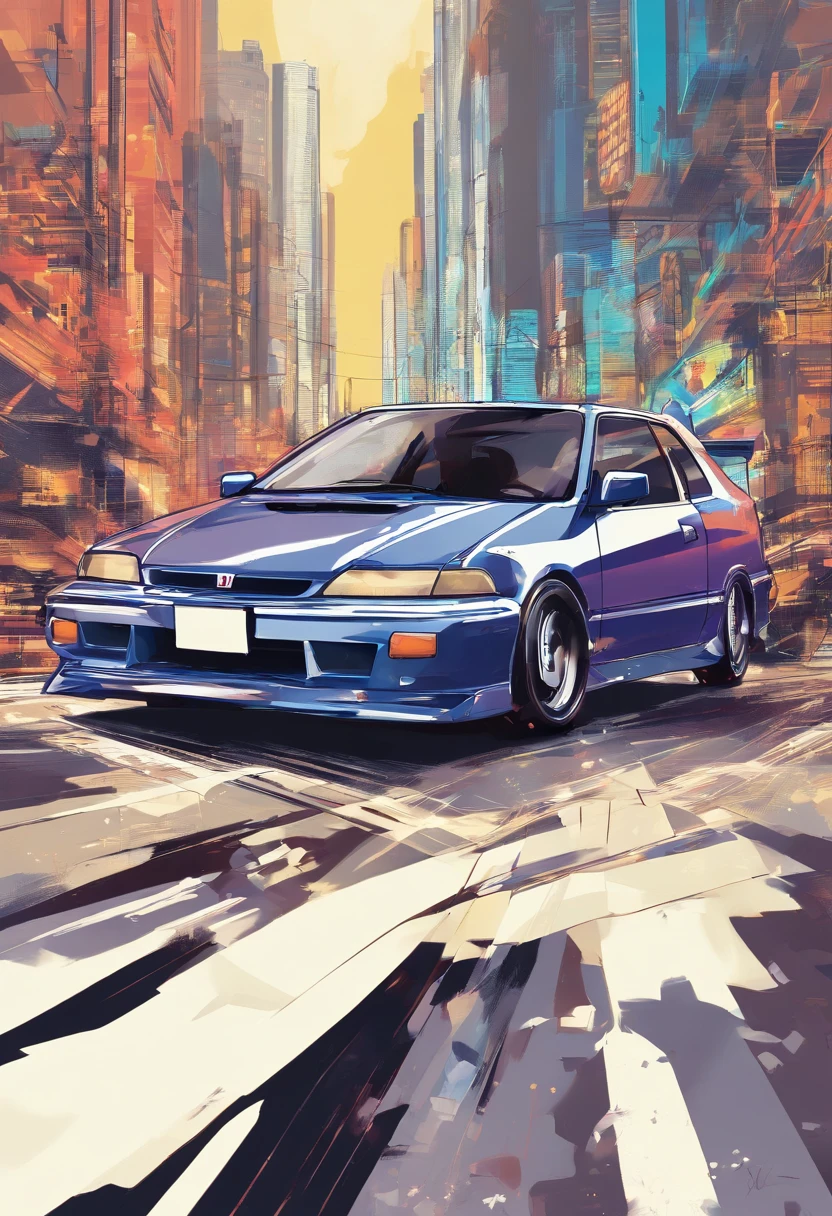 Vista de cima para baixo de uma obra de arte vintage do honda civic modelo 2005, estilo anime nos anos 90, arte detalhada do anime, Arte de anime vintage dos anos 90, Detailed representation of the traditional anime shading Honda Civic model 2005, Art with retro vibe, nostalgia, dynamic lighting, Clean and crisp details, arte com senso de movimento, Alto contraste, bold and lively composition