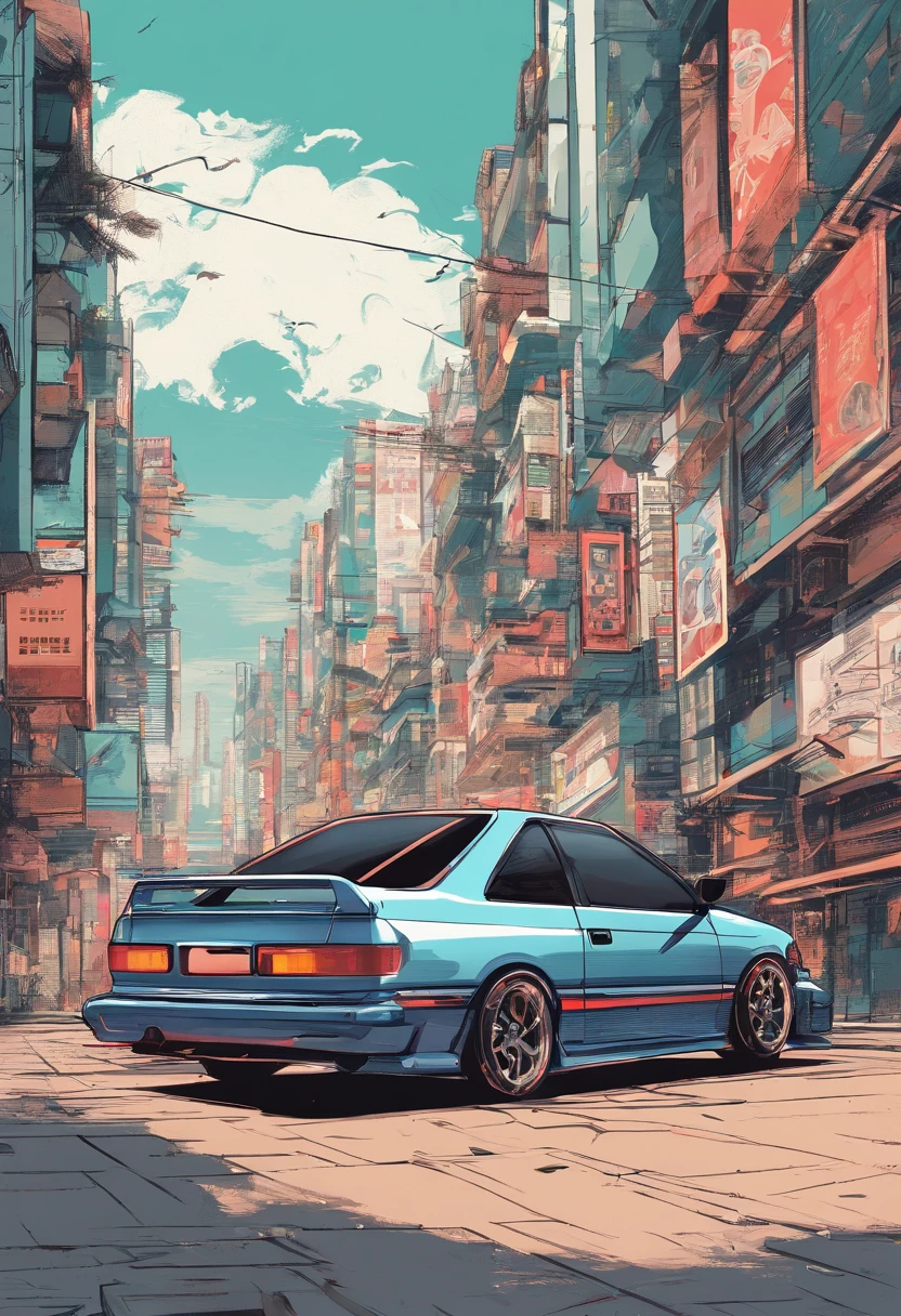 Vista de cima para baixo de uma obra de arte vintage do honda civic modelo 2005, estilo anime nos anos 90, arte detalhada do anime, Arte de anime vintage dos anos 90, Detailed representation of the traditional anime shading Honda Civic model 2005, Art with retro vibe, nostalgia, dynamic lighting, Clean and crisp details, arte com senso de movimento, Alto contraste, bold and lively composition