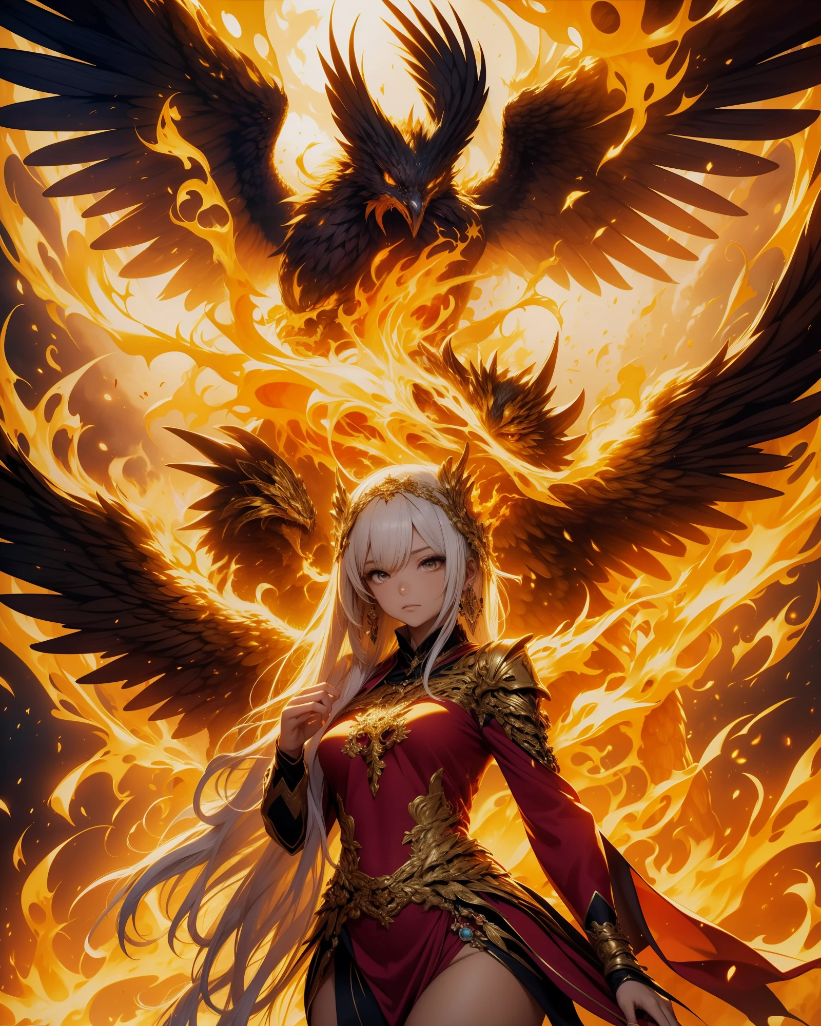 a beautiful woman in a red dress standing in front of a large bird, with fiery golden wings of flame, ornate with fiery explosions, artwork of a phoenix, ''wallpaper of a phoenix, ''wallpaper of a phoenix resting, with fiery golden wings, anime fantasy illustration, holy fire spell art, phoenix rising from the ashes, Masterpiece, anime fantasy artwork, anime epic artwork