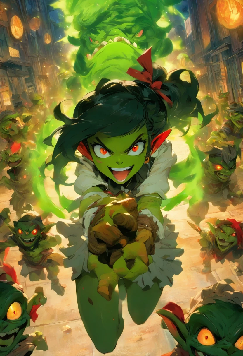 1girl,solo,goblin girl,black hair, short hairs,red eye,colored skin,green skin,huge breasts,smug,maid,ring earrings,chocker,indoor,cowboy shot,Mop in hand