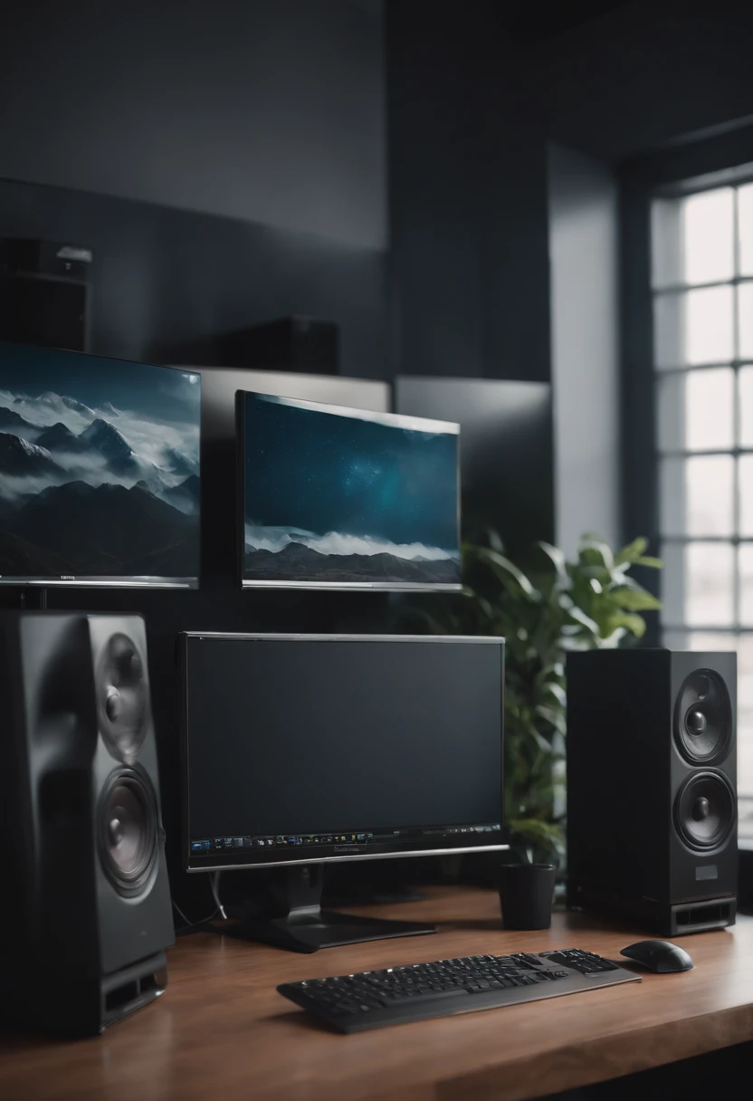 A clean cinematic PC setup 4 screens