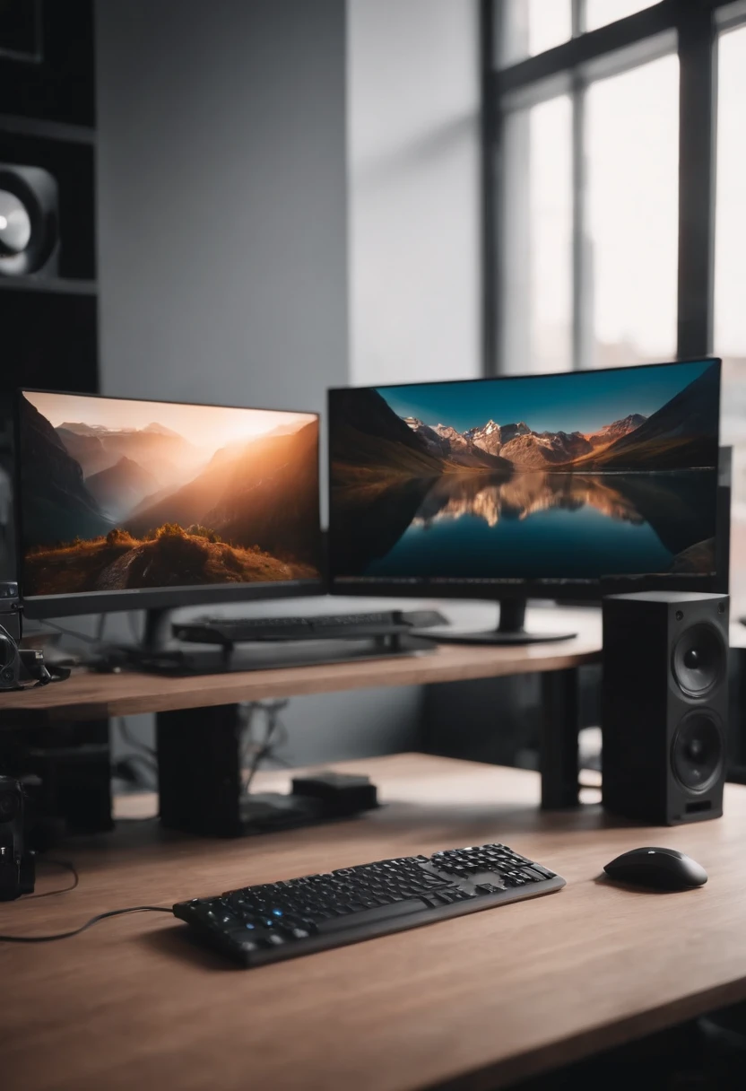A clean cinematic PC setup 4 screens