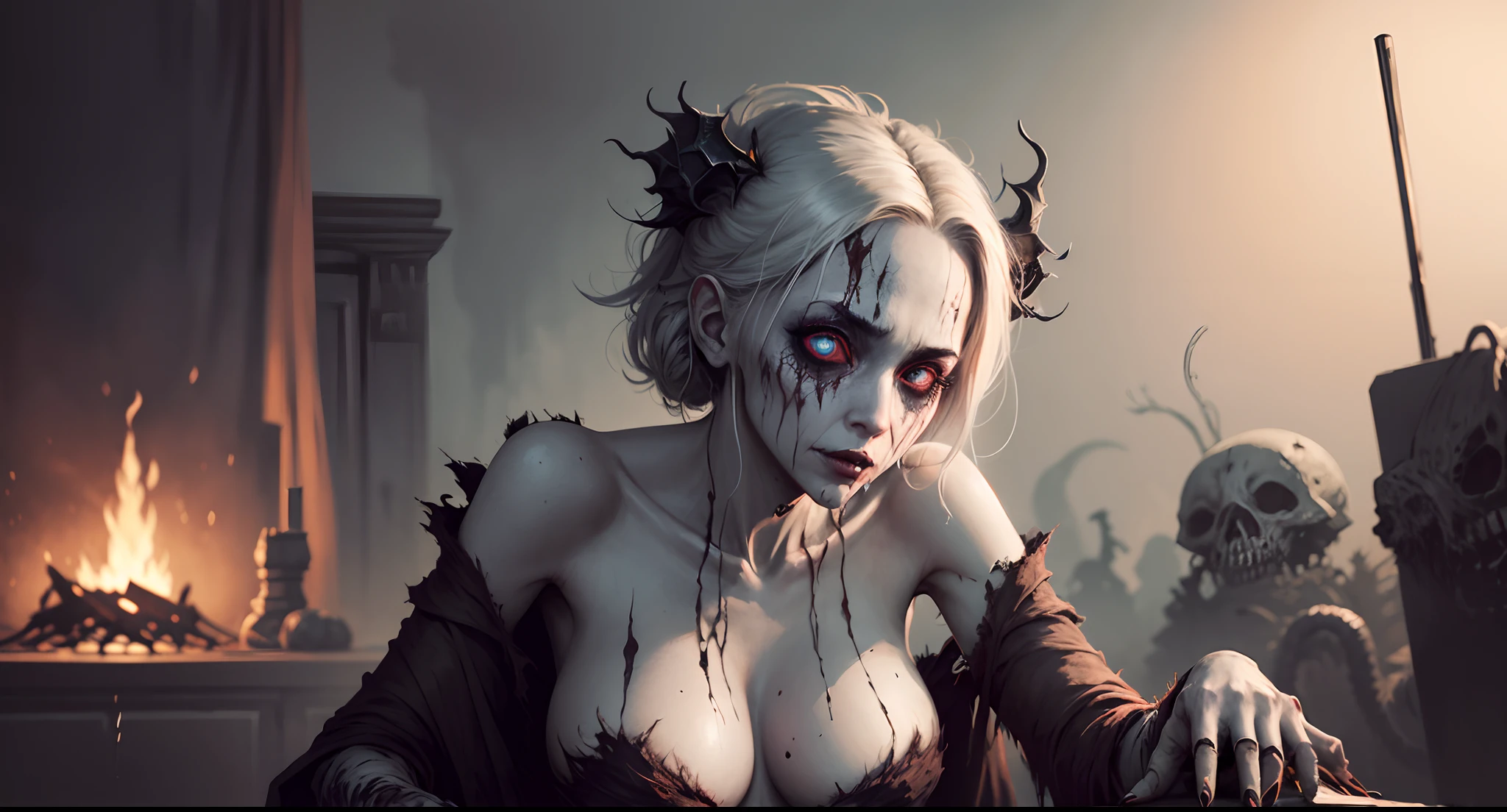 A very pal humanoid character, aux yeux rouges, Elle est folle, Noix, horreur, Elle est effrayante, Elle est effrayante, Valeur de choc, very diabolical, Elle est maigre, evoke, Peur, terreur, terreur, pourrir, disgust, elle est psychopathe, Sombre, Exceptionnellement mince, mince, Scraggly, emaciated, tordu, effrayant, Malade, Background ruins, Blanc long_robe, gore, sanglant_mains, seulement, corps entier, (messy_long_Sombre_cheveux), Bosseler, Mauvais yeux, les yeux brillants, fire in the background, (She wears a very dirty old torn_blanc_robe), psychopathe, Leaning on a sofa,