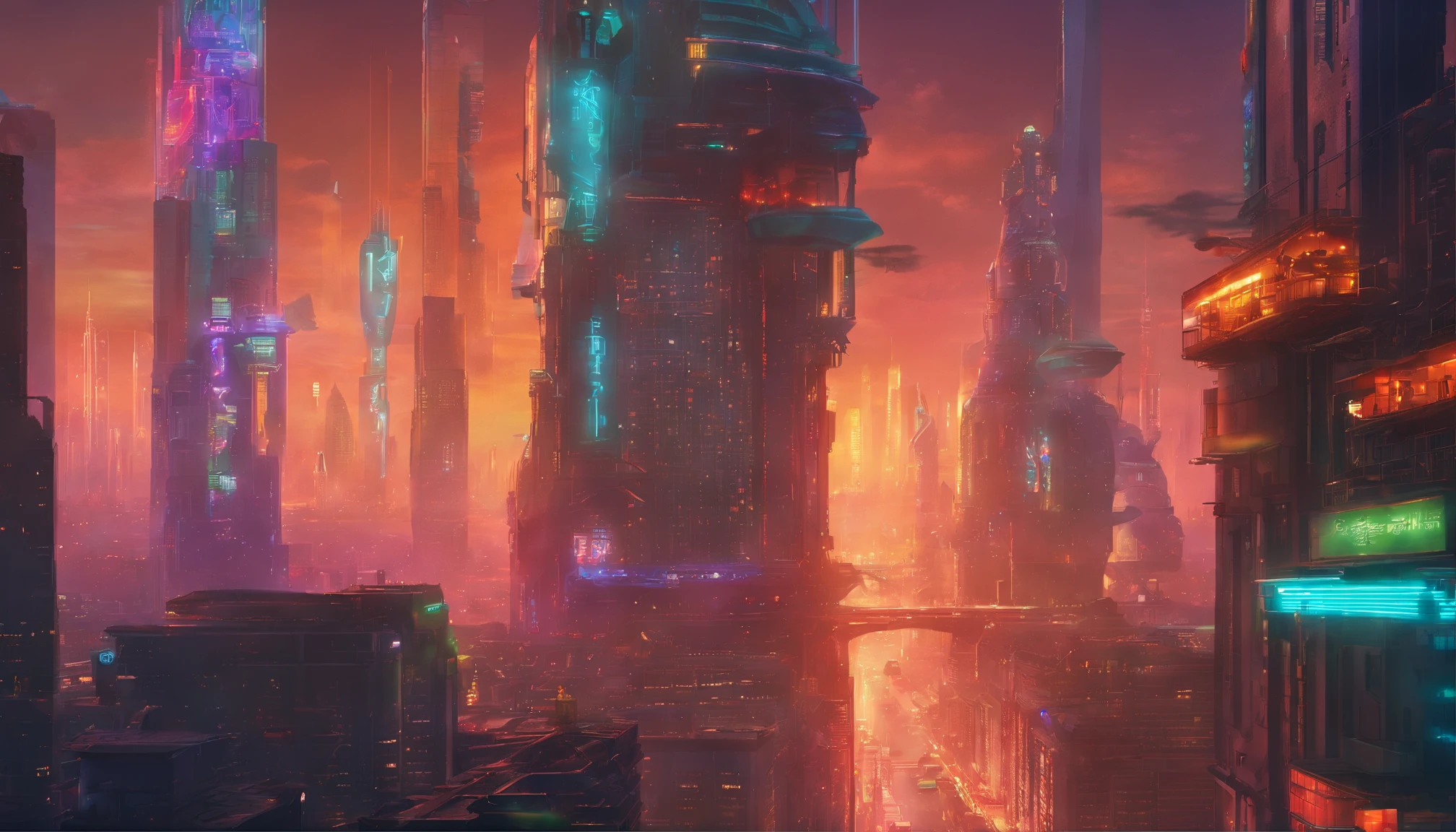 a sprawling futuristic cityscape, bustling with life and energy, set against a backdrop of gleaming skyscrapers that reach towards the heavens. The city is a harmonious blend of cutting-edge technology and organic elements, seamlessly integrating nature within its architecture. Envision a digital art medium that brings this vision to life, capturing the sleek and polished aesthetic inspired by the works of futuristic concept artists like Craig Mullins. Infuse the scene with a vibrant color palette that reflects the city's vibrancy, combining neon accents with bold primary colors and hints of natural tones. Let the composition take viewers on a visual journey through the city's dynamic streets, utilizing a combination of wide-angle perspectives and dynamic angles to showcase the grandeur of the towering structures and the vibrant activity below. Allow glimpses of futuristic transportation systems, such as hovering vehicles or high-speed trains