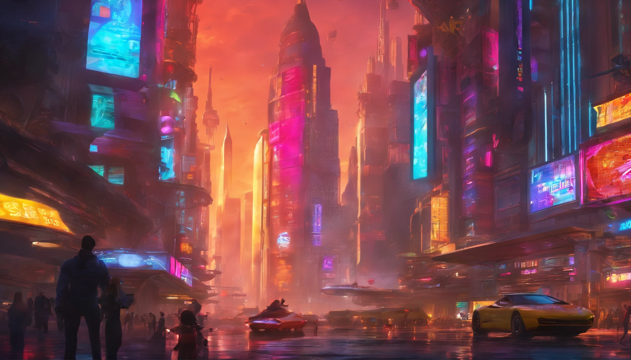 a sprawling futuristic cityscape, bustling with life and energy, set against a backdrop of gleaming skyscrapers that reach towards the heavens. The city is a harmonious blend of cutting-edge technology and organic elements, seamlessly integrating nature within its architecture. Envision a digital art medium that brings this vision to life, capturing the sleek and polished aesthetic inspired by the works of futuristic concept artists like Craig Mullins. Infuse the scene with a vibrant color palette that reflects the city's vibrancy, combining neon accents with bold primary colors and hints of natural tones. Let the composition take viewers on a visual journey through the city's dynamic streets, utilizing a combination of wide-angle perspectives and dynamic angles to showcase the grandeur of the towering structures and the vibrant activity below. Allow glimpses of futuristic transportation systems, such as hovering vehicles or high-speed trains