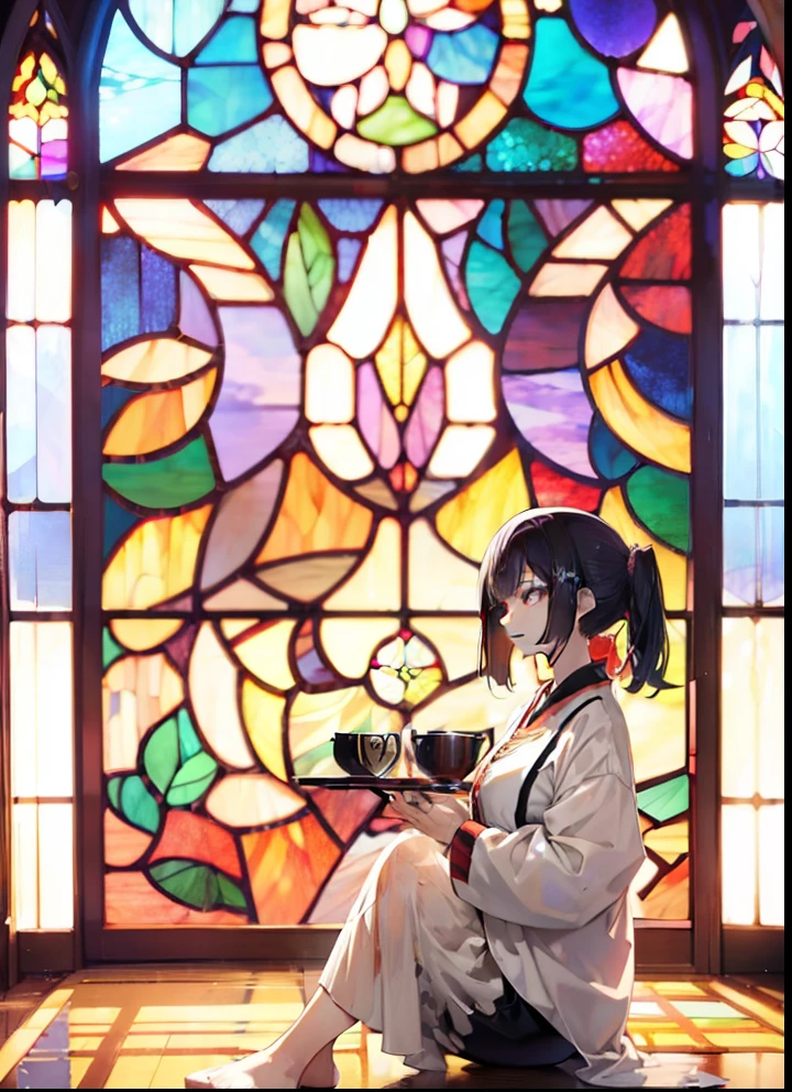 (masutepiece:1.5), ighly detailed, Ultra-detailed, (top-quality), (Pale), [White hair], [Black hair], [double ponytails], sitting together, Drinking tea、((Huge beautiful stained glass in the background))、