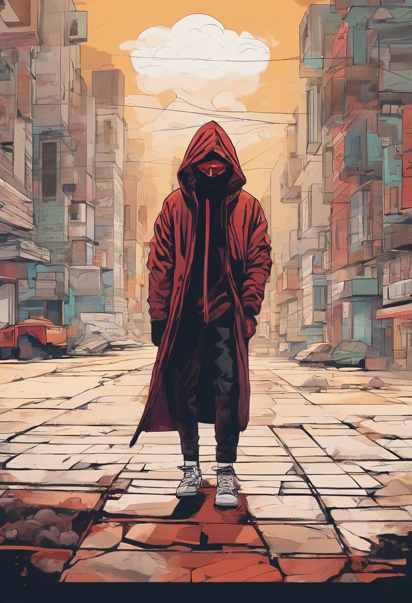 Create an ultra-wide photo of a decrepit zombie wearing an Adidas coat and hood, Contra um fundo abstrato. O estilo geral da imagem deve ser uma moda minimalista com um toque Artgem. The zombie should be rendered in a decrepit and cadaverous style, with a focus on creating a sense of horror and decadence. The Adidas coat and hood should be rendered in detail, com foco em capturar a textura e o estilo da roupa. O fundo da imagem deve ser um desenho abstrato, with a focus on creating a sense of depth and contrast with the foreground. A imagem deve ser renderizada em um formato amplo, com foco em criar um senso de escala e drama para a cena.