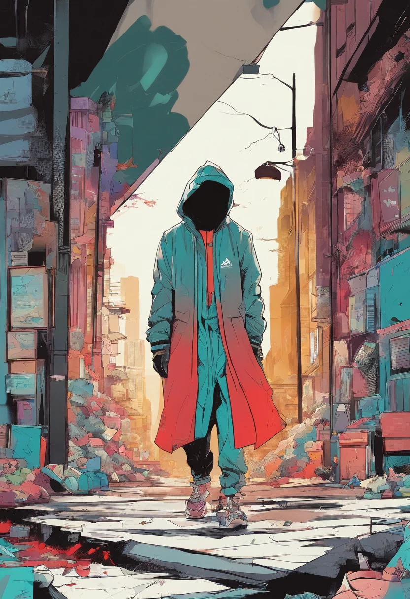 Create an ultra-wide photo of a decrepit zombie wearing an Adidas coat and hood, Contra um fundo abstrato. O estilo geral da imagem deve ser uma moda minimalista com um toque Artgem. The zombie should be rendered in a decrepit and cadaverous style, with a focus on creating a sense of horror and decadence. The Adidas coat and hood should be rendered in detail, com foco em capturar a textura e o estilo da roupa. O fundo da imagem deve ser um desenho abstrato, with a focus on creating a sense of depth and contrast with the foreground. A imagem deve ser renderizada em um formato amplo, com foco em criar um senso de escala e drama para a cena.