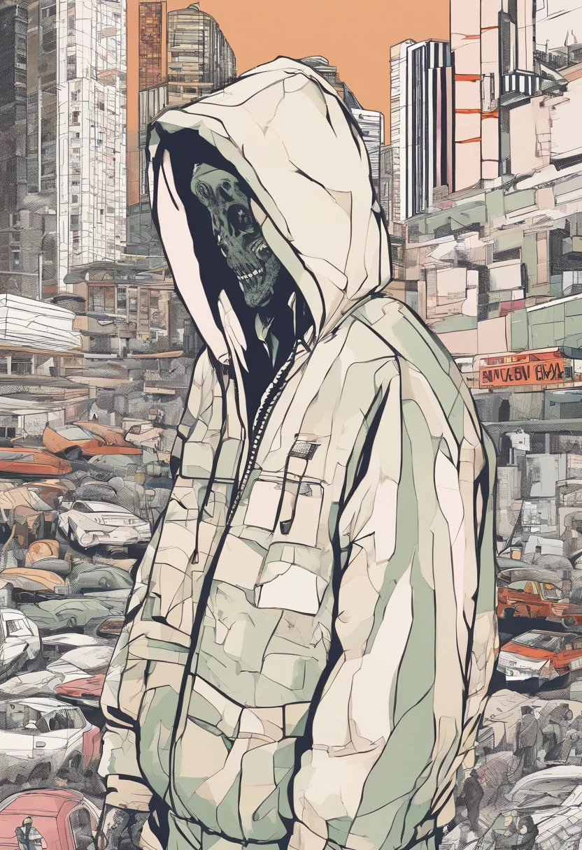 Create an ultra-wide photo of a decrepit zombie wearing an Adidas coat and hood, Contra um fundo abstrato. O estilo geral da imagem deve ser uma moda minimalista com um toque Artgem. The zombie should be rendered in a decrepit and cadaverous style, with a focus on creating a sense of horror and decadence. The Adidas coat and hood should be rendered in detail, com foco em capturar a textura e o estilo da roupa. O fundo da imagem deve ser um desenho abstrato, with a focus on creating a sense of depth and contrast with the foreground. A imagem deve ser renderizada em um formato amplo, com foco em criar um senso de escala e drama para a cena.